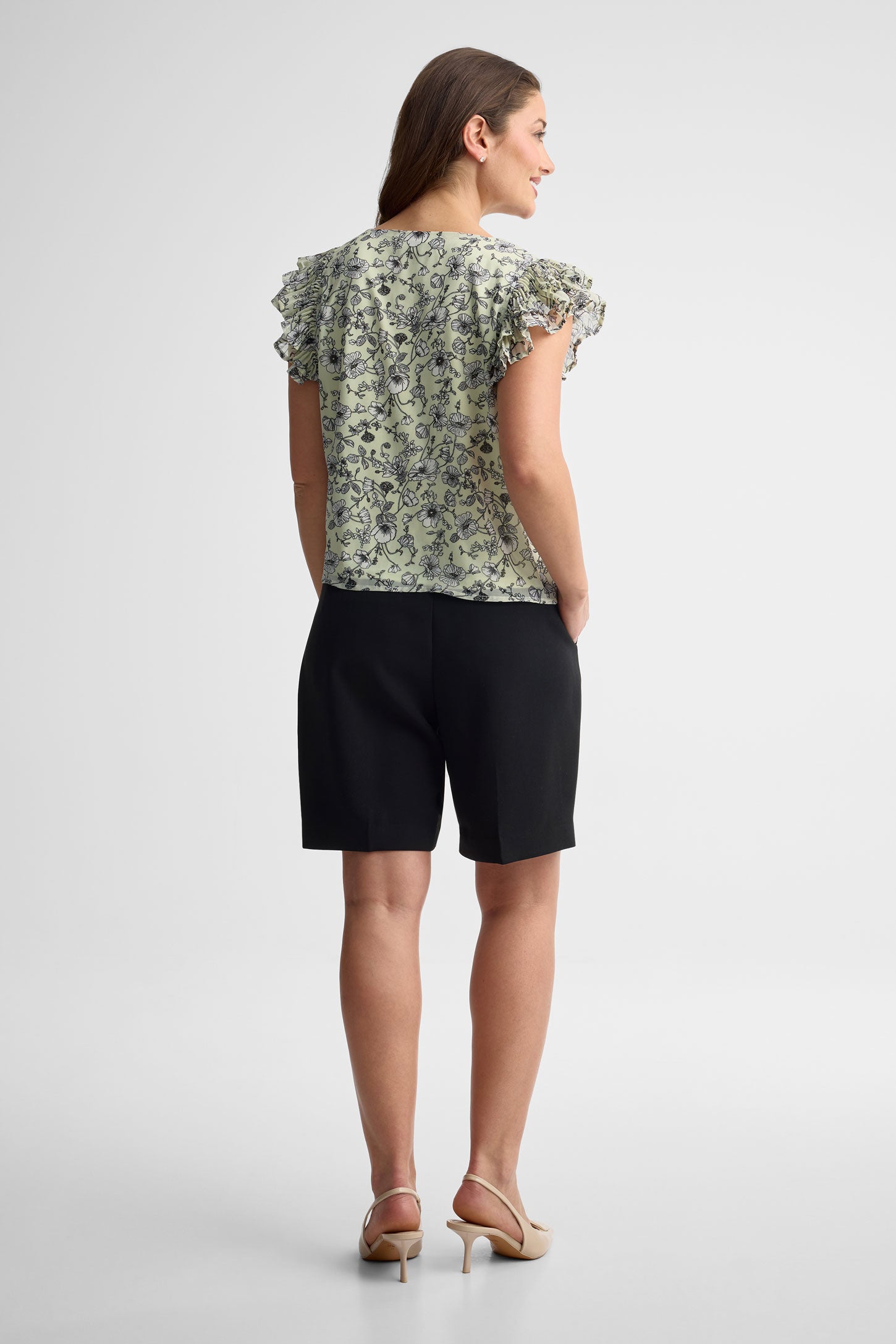 Chandail manches volants en crêpe - Femme && VERT/MULTI