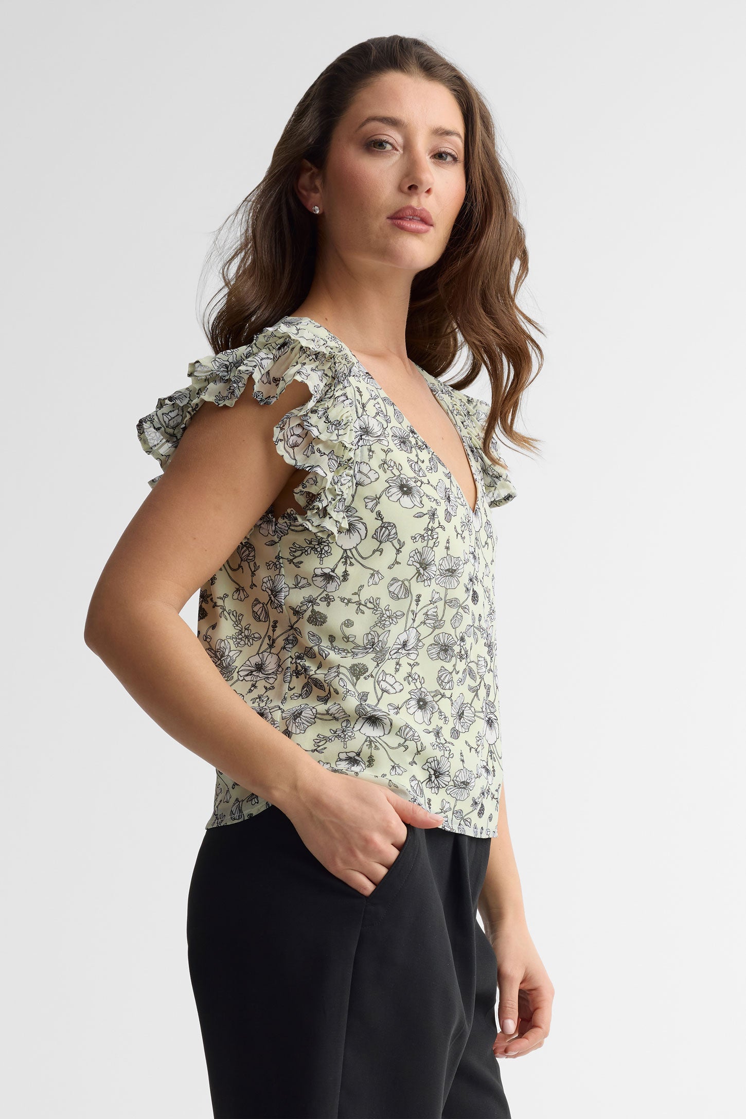 Chandail manches volants en crêpe - Femme && VERT/MULTI