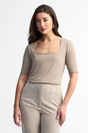 T-shirt col carré coupe ajustée - Femme && TAUPE