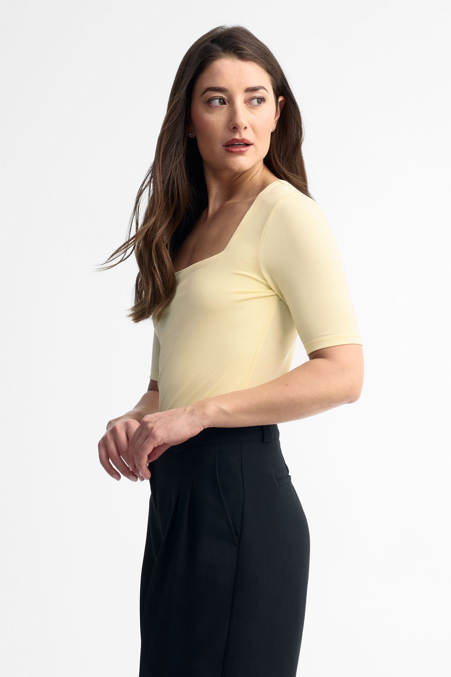 T-shirt col carré coupe ajustée - Femme && JAUNE PALE