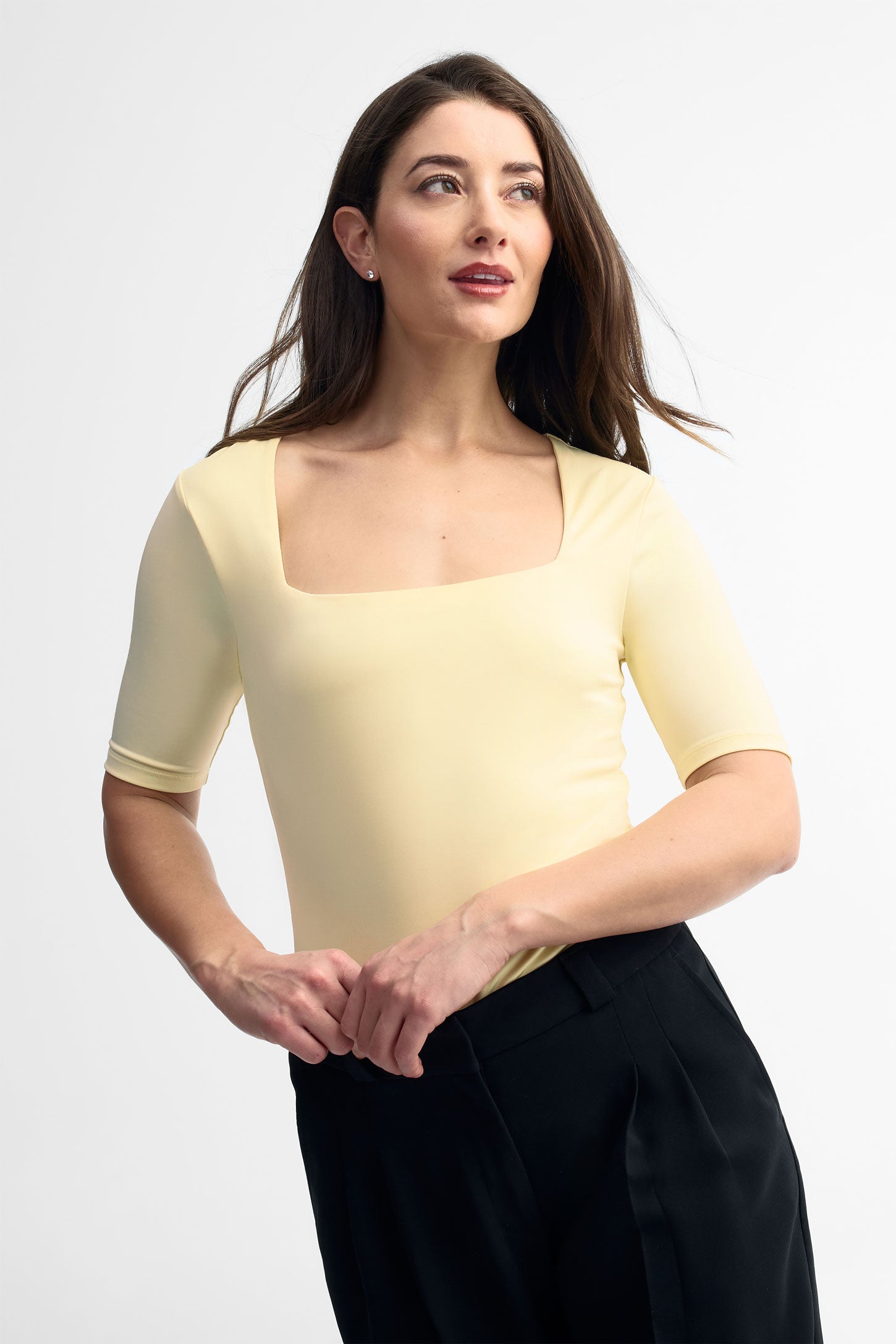 T-shirt col carré coupe ajustée - Femme && JAUNE PALE