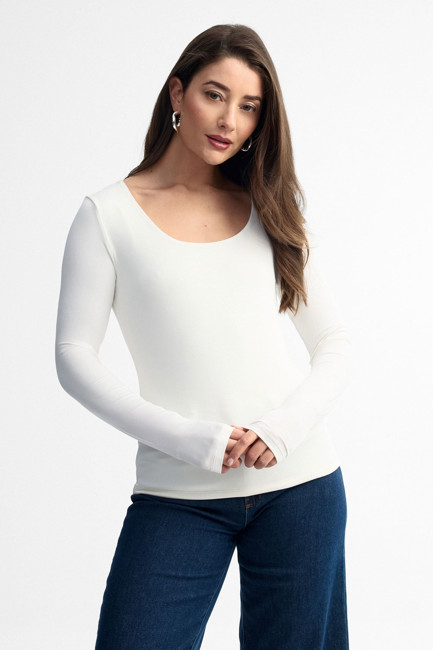 Chandail col dégagé manches longues - Femme && BLANC