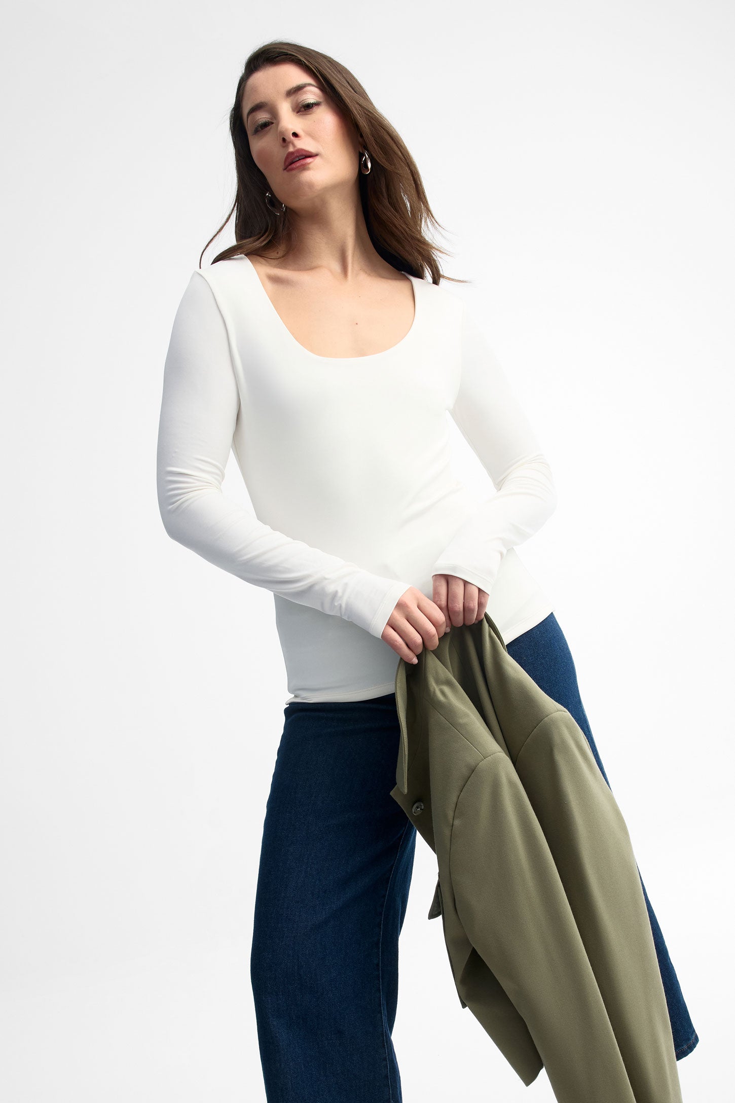 Chandail col dégagé manches longues - Femme && BLANC