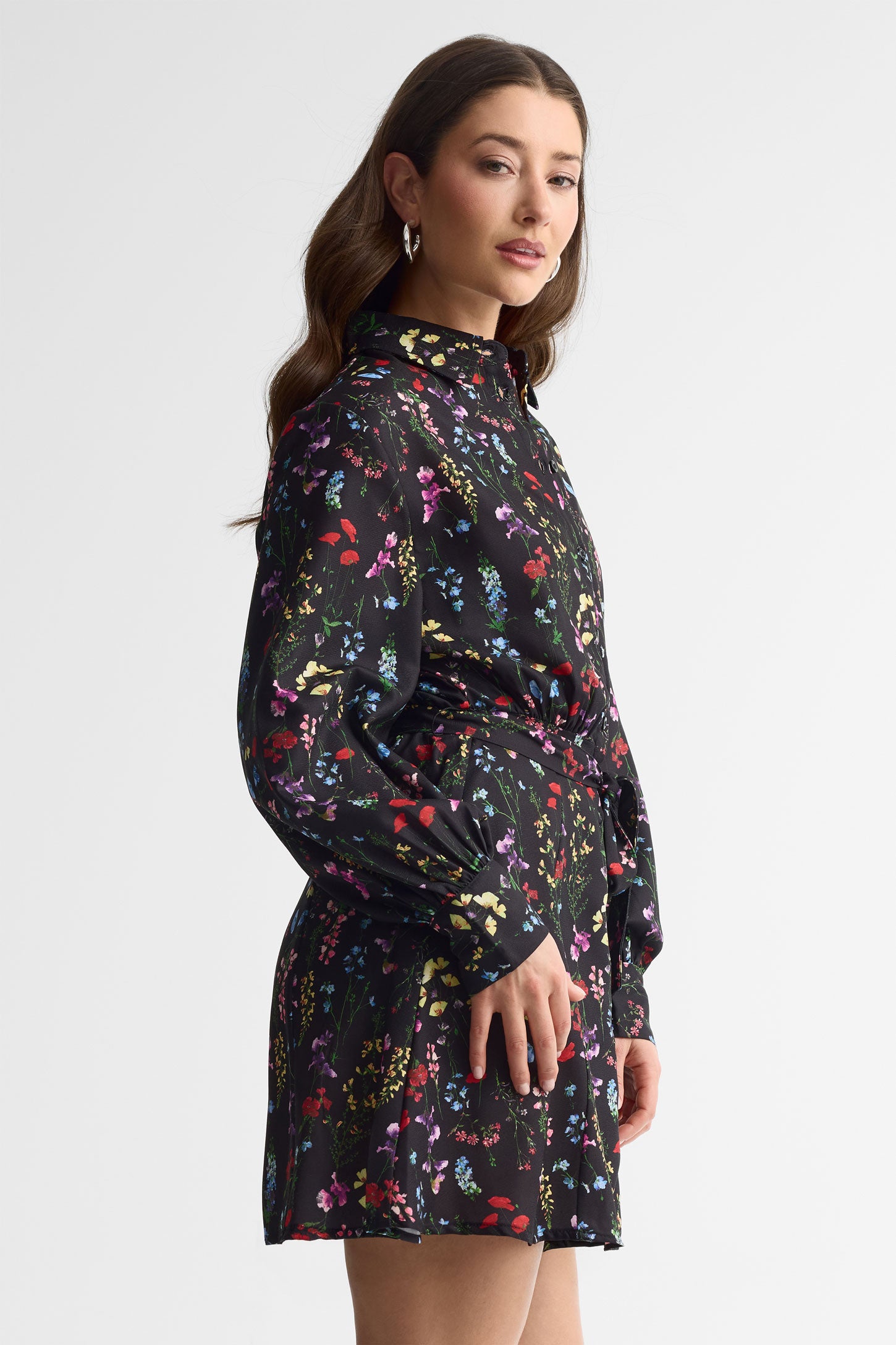 Robe-chemisier courte florale - Femme && NOIR/MULTI