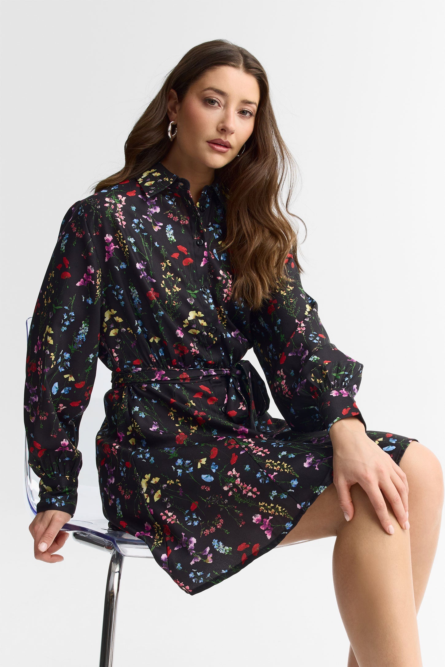 Robe-chemisier courte florale - Femme && NOIR/MULTI