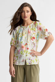Chemisier manches courtes ballon florale - Femme && BLANC MULTI
