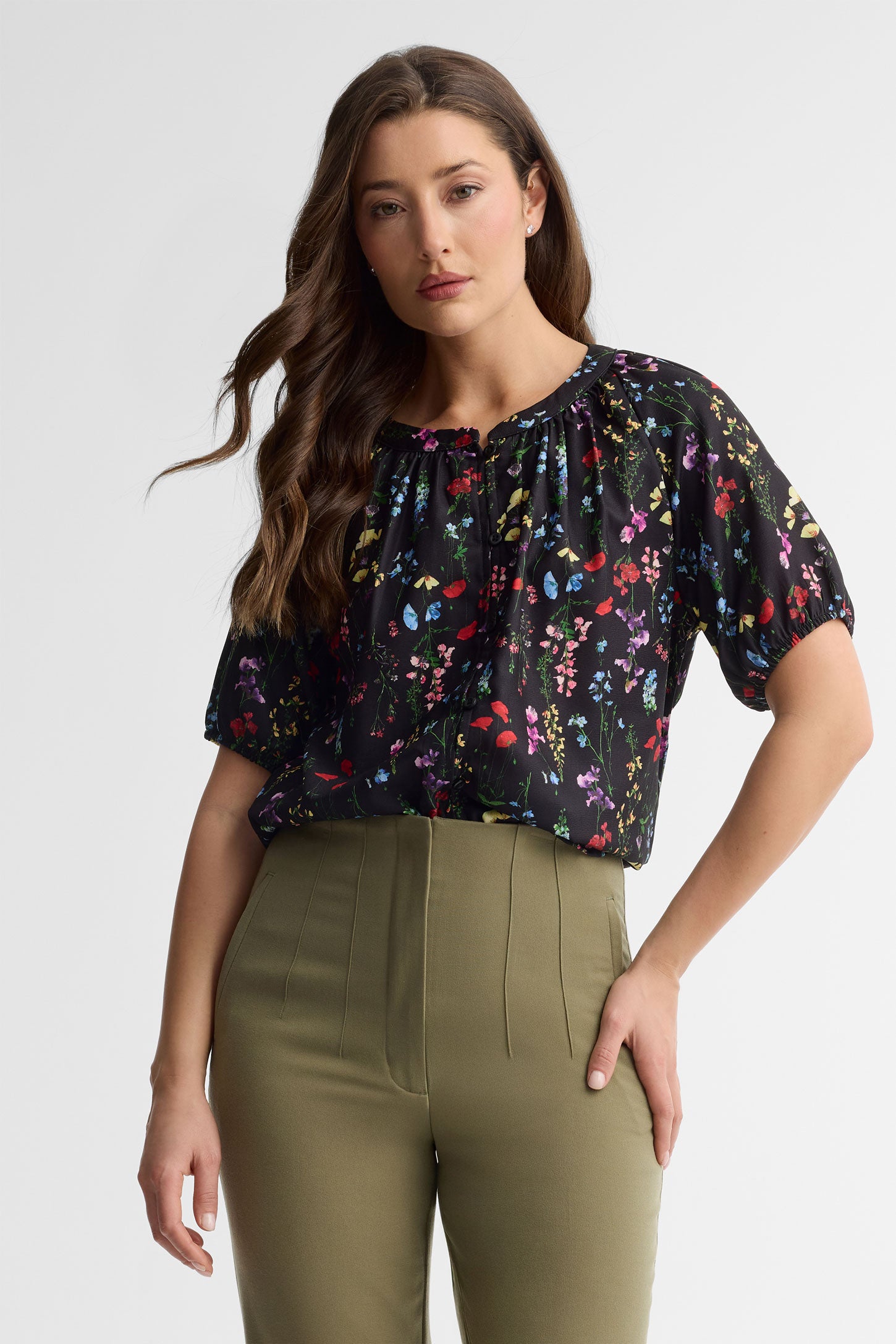 Chemisier manches courtes ballon florale - Femme && NOIR/MULTI