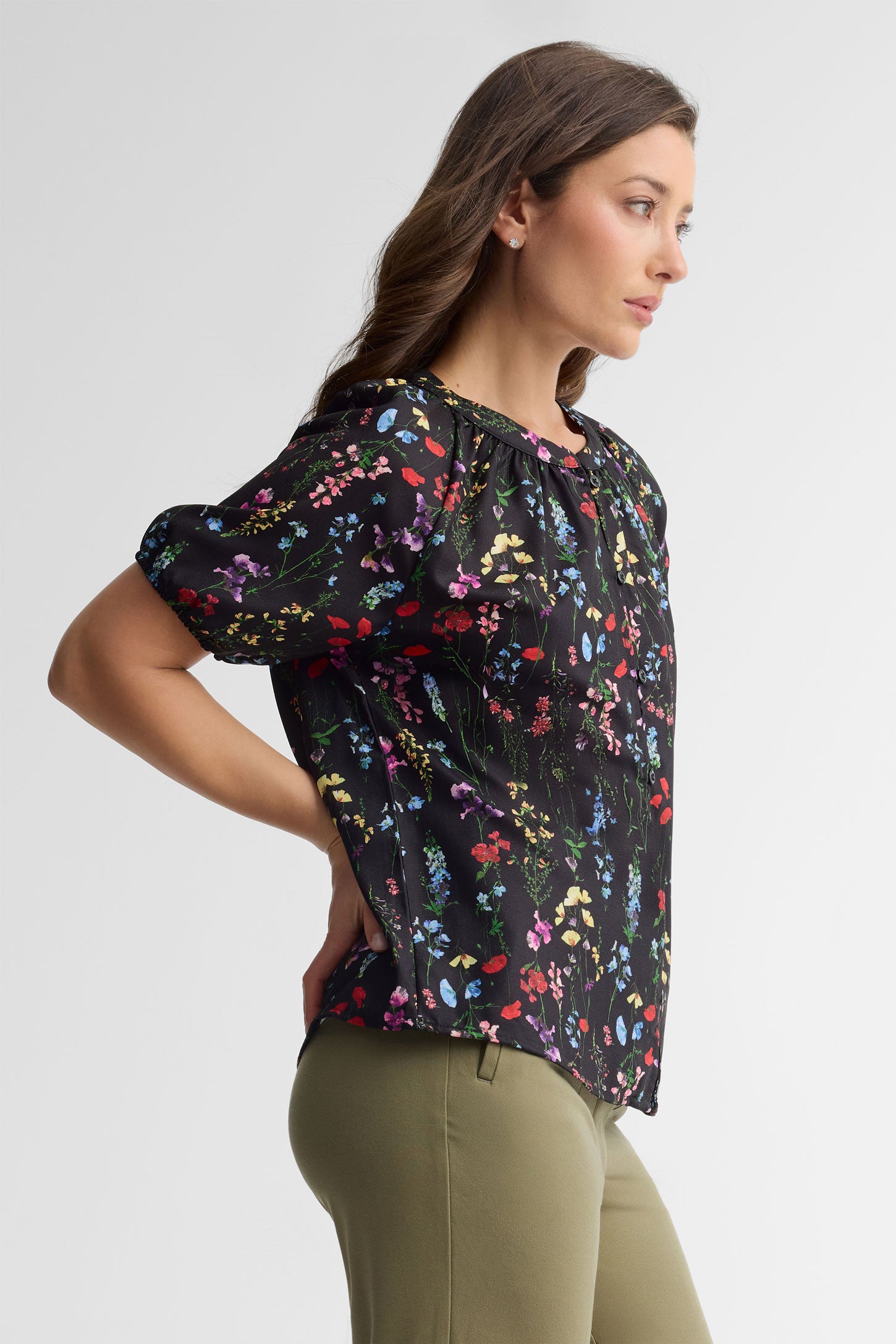 Chemisier manches courtes ballon florale - Femme && NOIR/MULTI