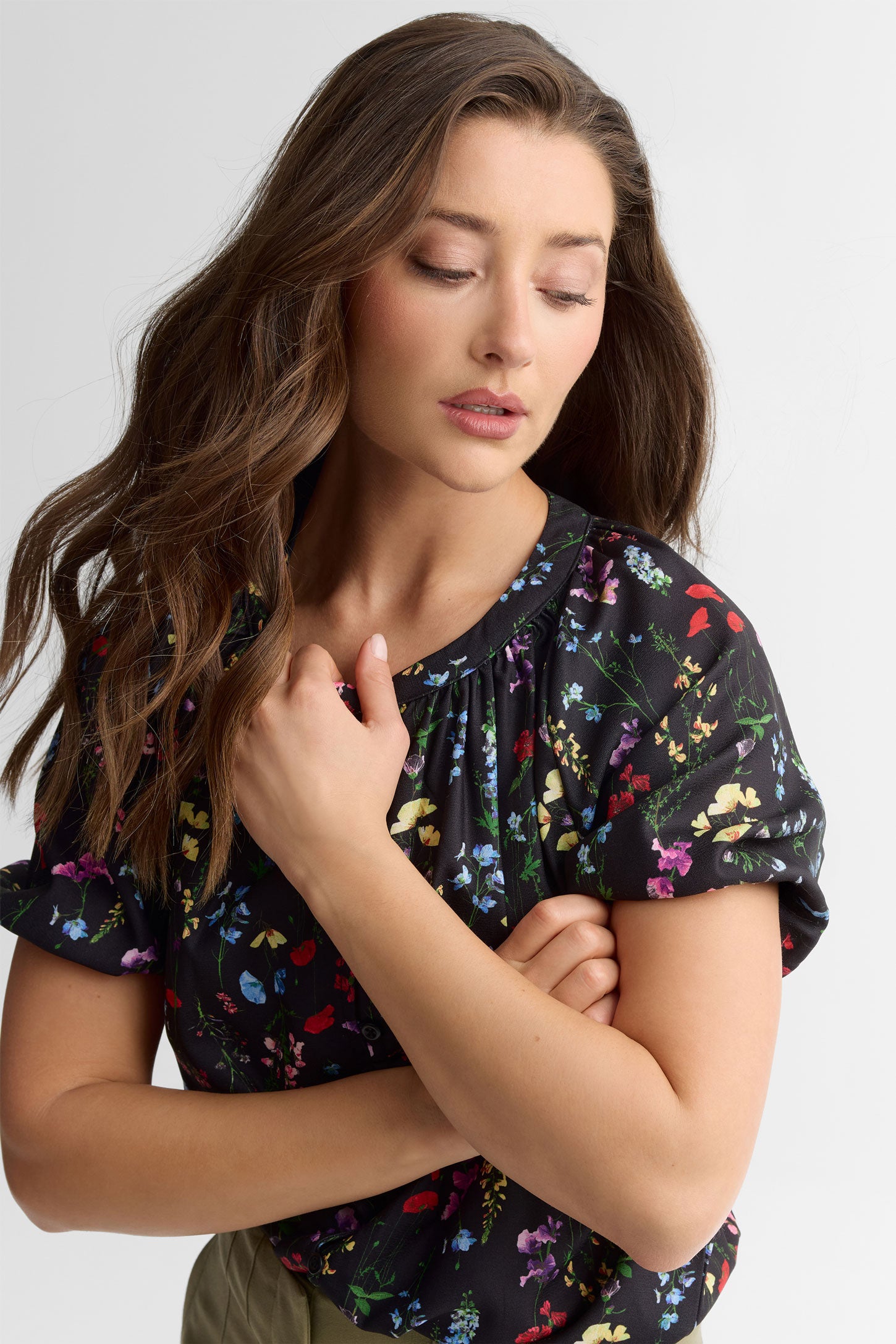 Chemisier manches courtes ballon florale - Femme && NOIR/MULTI
