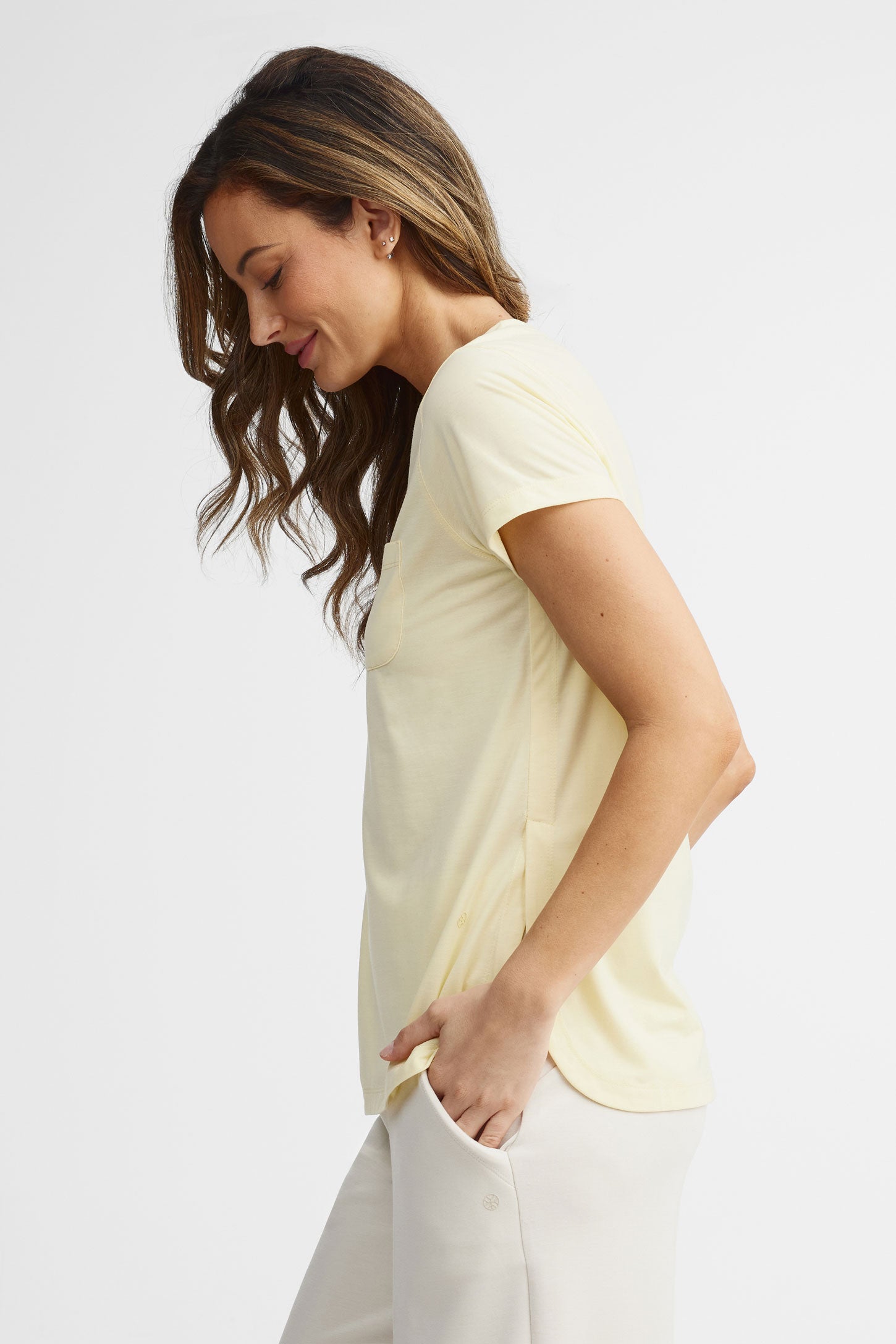 T-shirt col en V lyocell - Femme && JAUNE