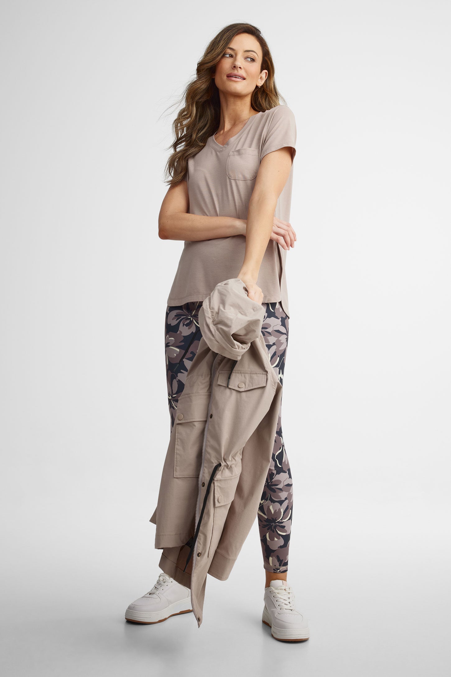 T-shirt col en V lyocell - Femme && BRUN