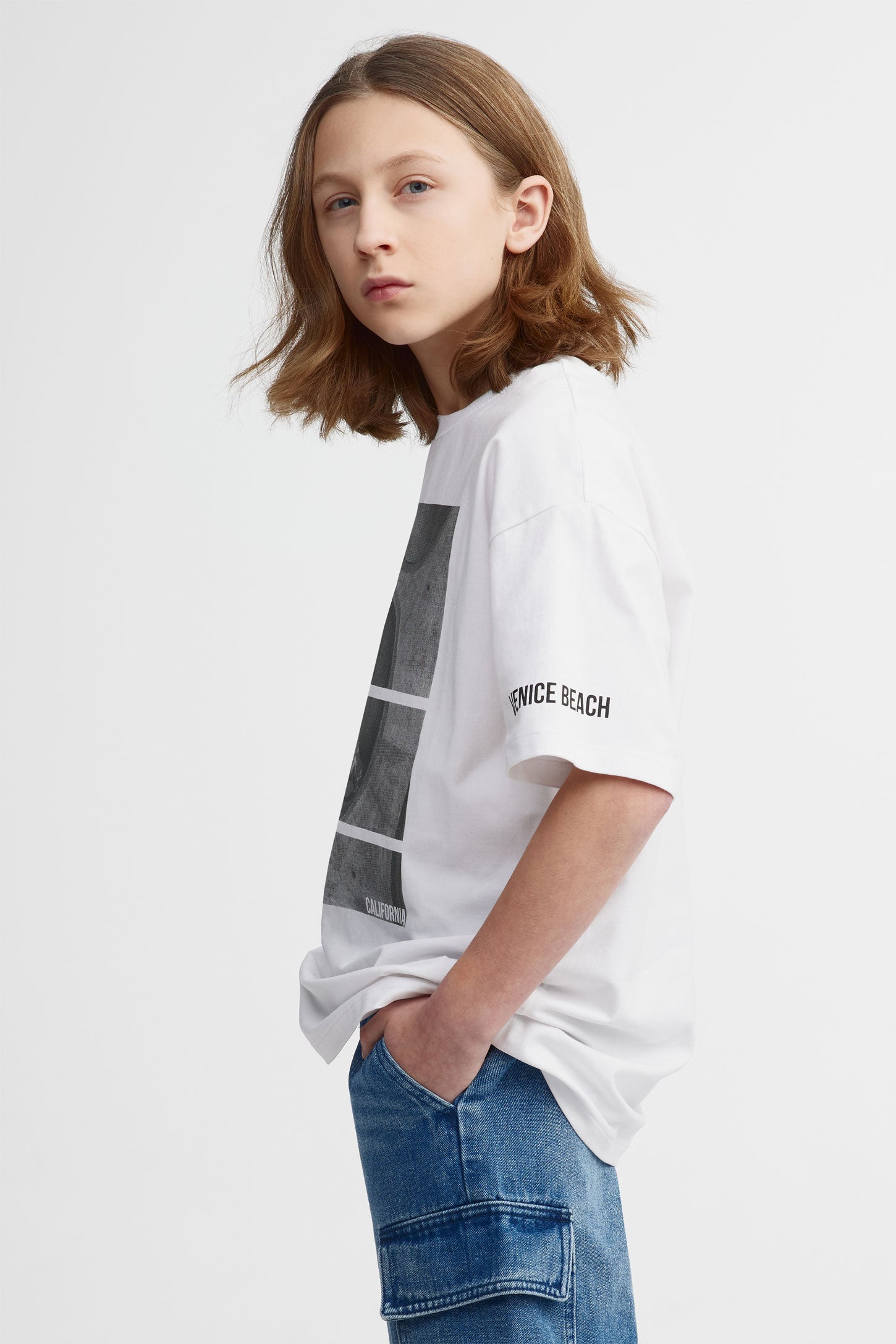 T-shirt col rond coupe surdimensionnée - Ado garçon && BLANC