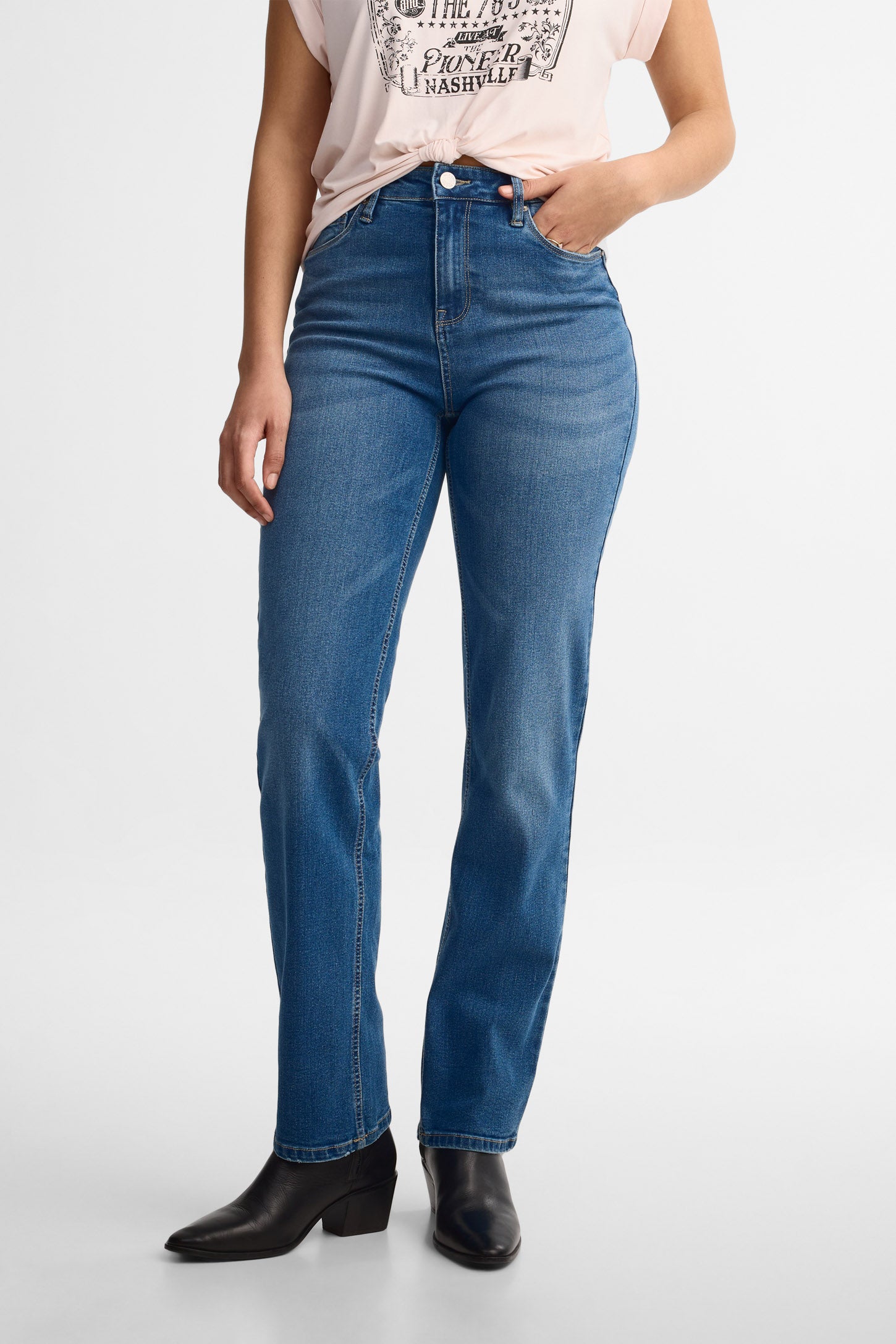 Jeans taille haute coupe droite - Femme && DENIM MOYEN