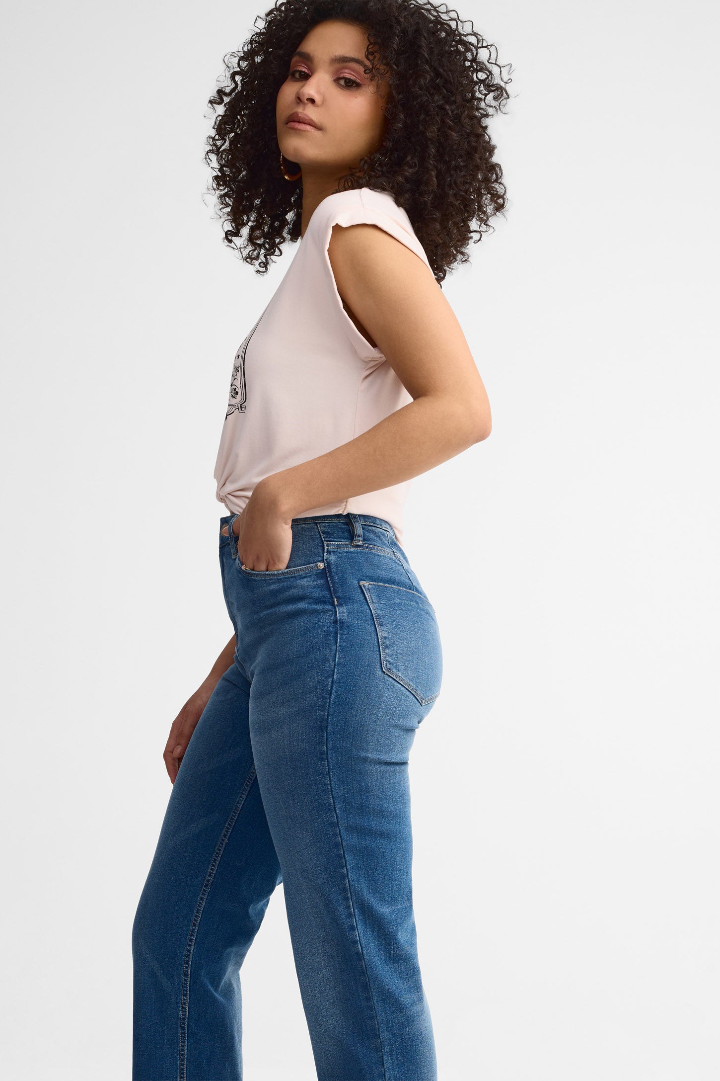 Jeans taille haute coupe droite - Femme && DENIM MOYEN