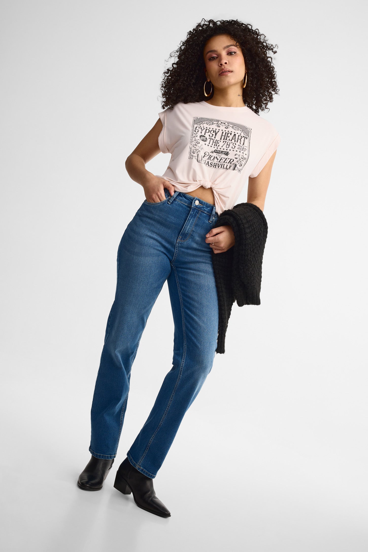 Jeans taille haute coupe droite - Femme && DENIM MOYEN