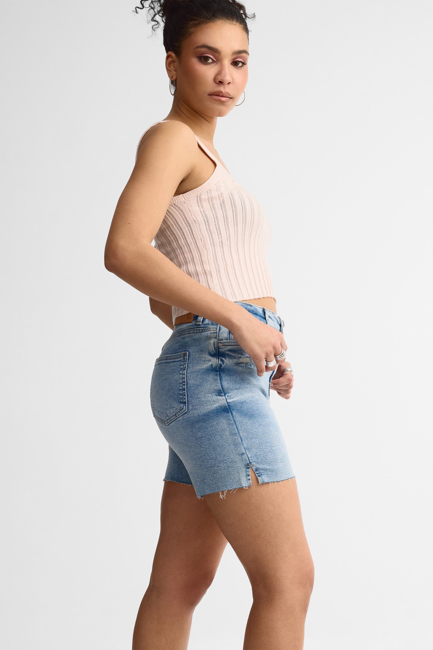 Short en jeans taille haute coupe droite - Femme && DENIM PALE