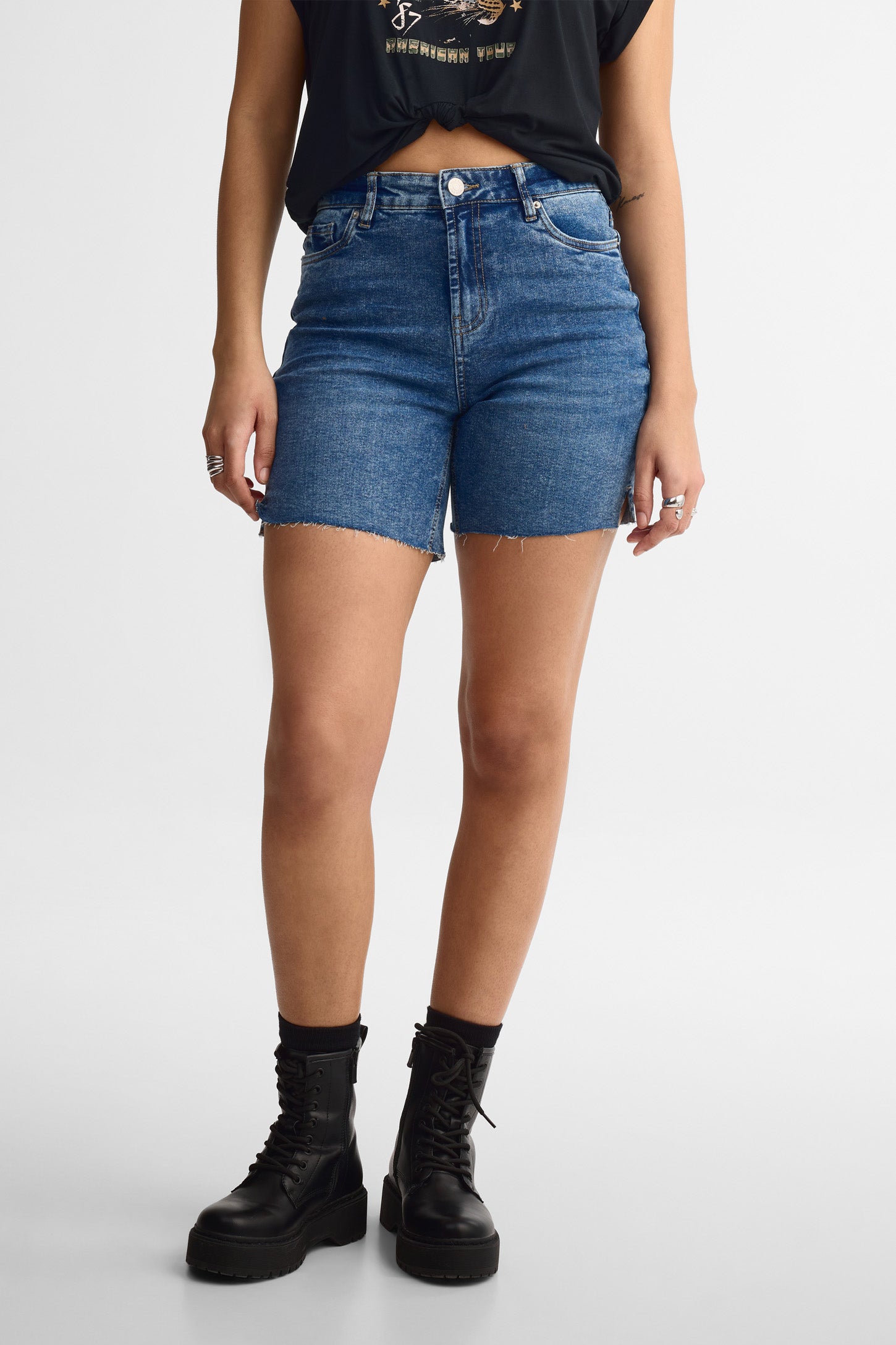 Short en jeans taille haute coupe droite - Femme && DENIM MOYEN