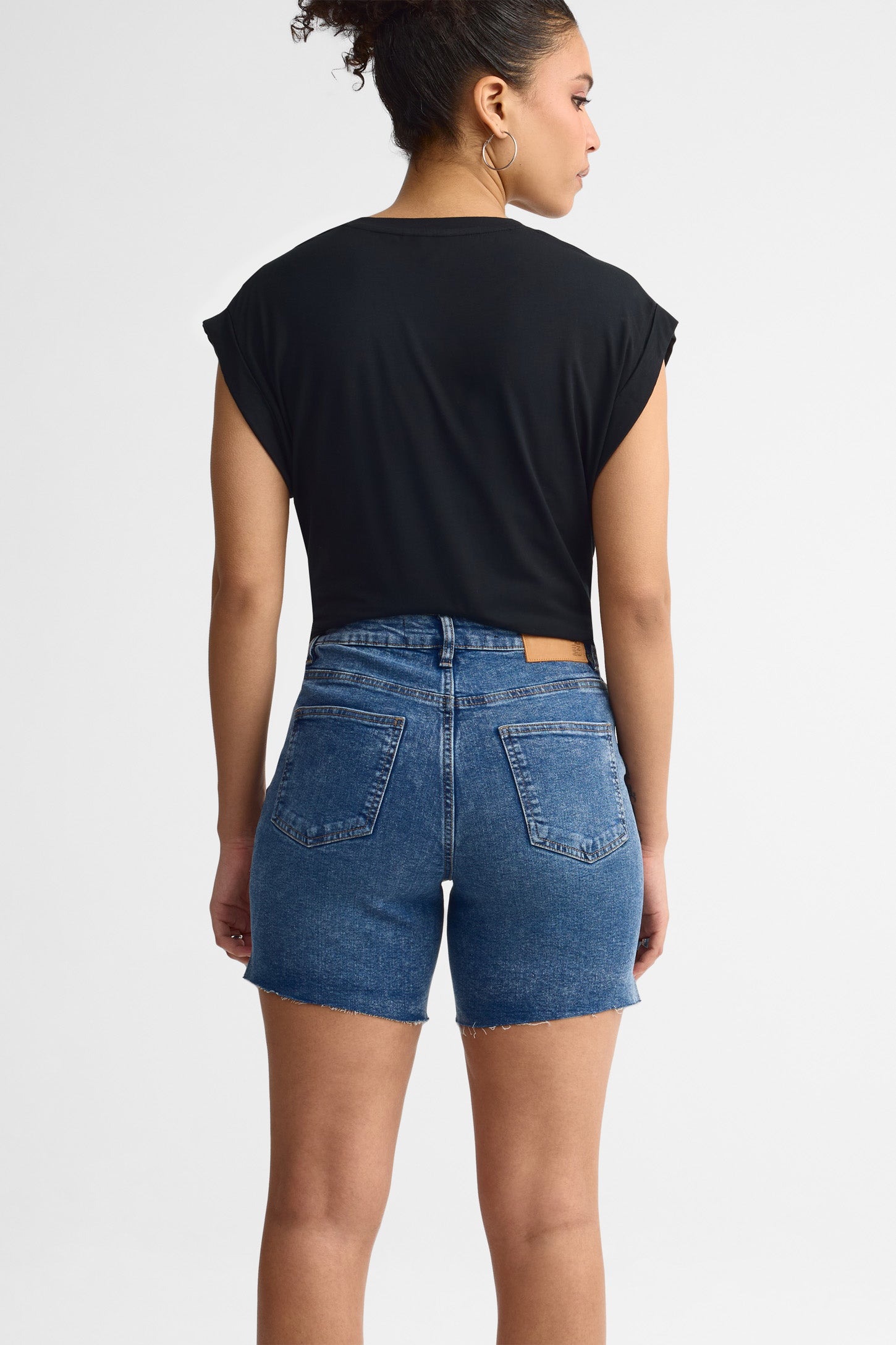 Short en jeans taille haute coupe droite - Femme && DENIM MOYEN
