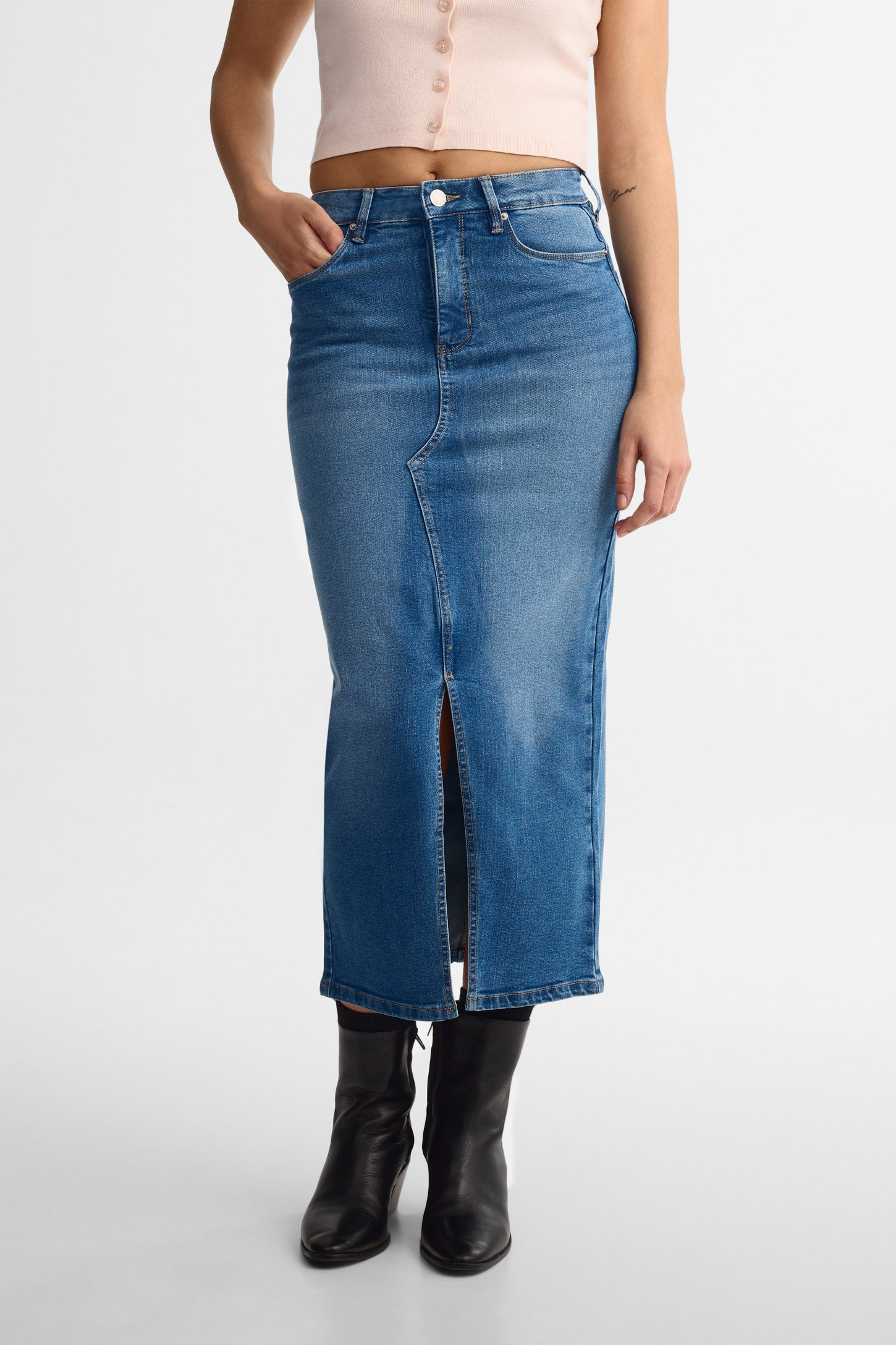 Jupe midi taille haut en jeans - Femme && DENIM MOYEN