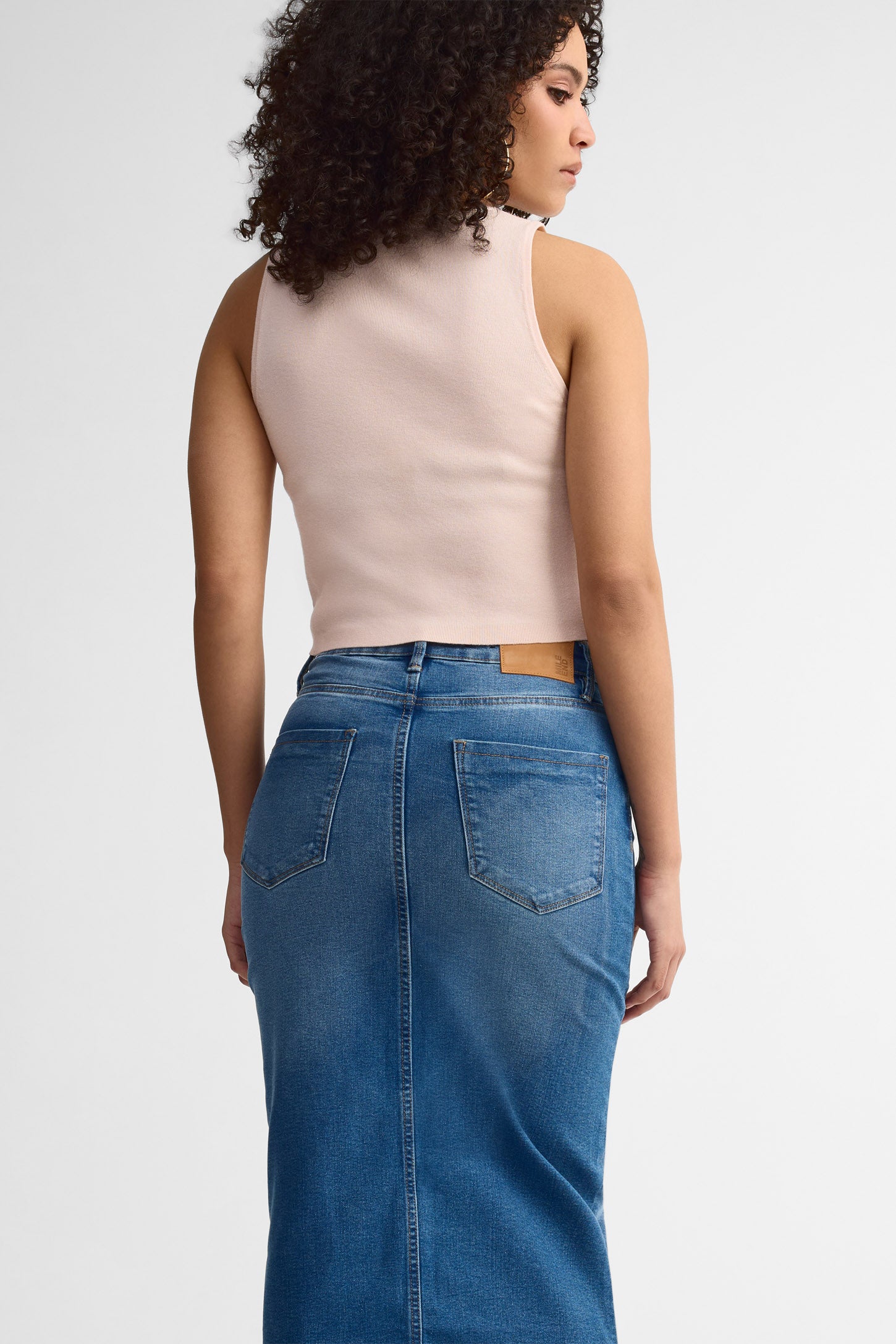 Jupe midi taille haut en jeans - Femme && DENIM MOYEN