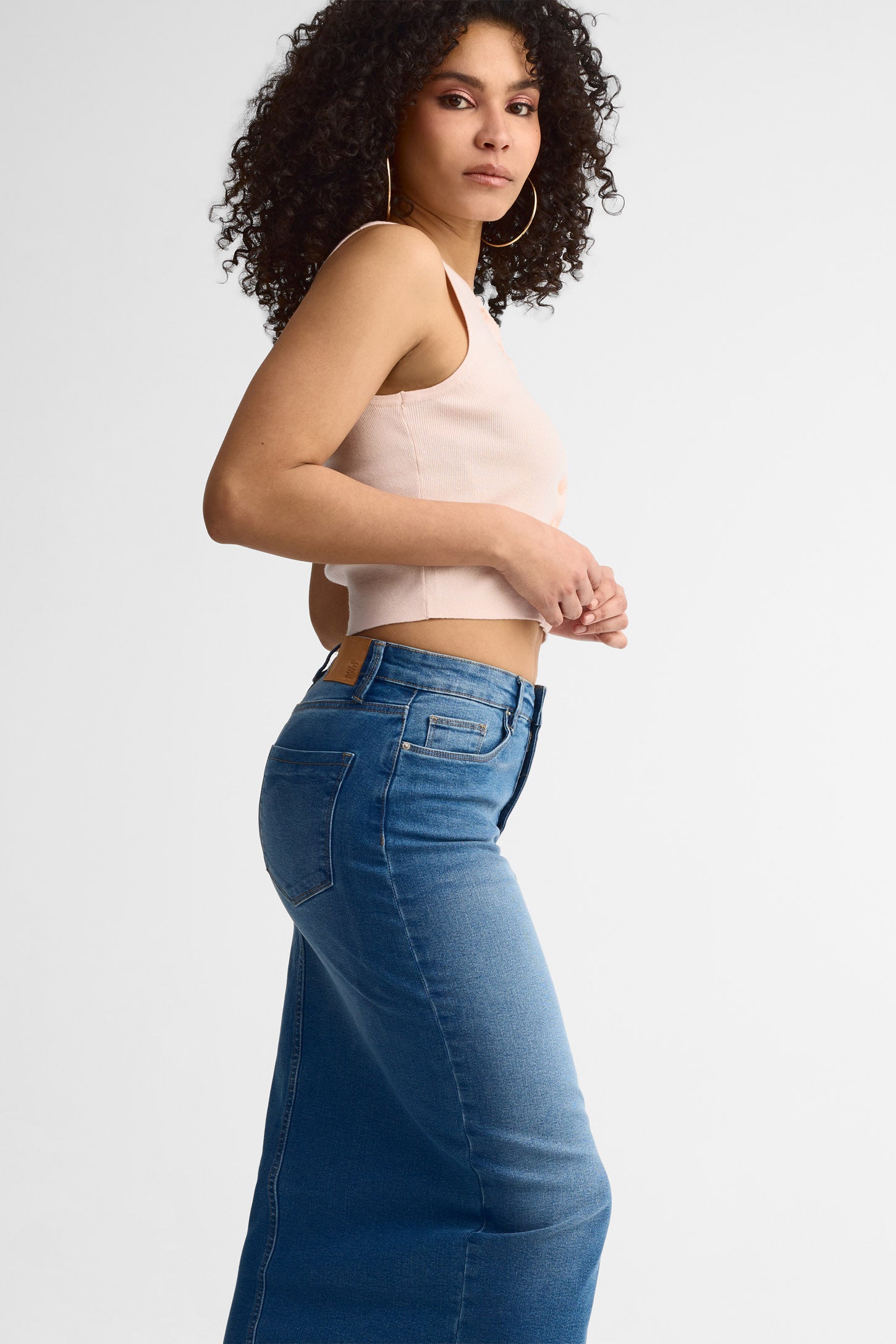 Jupe midi taille haut en jeans - Femme && DENIM MOYEN