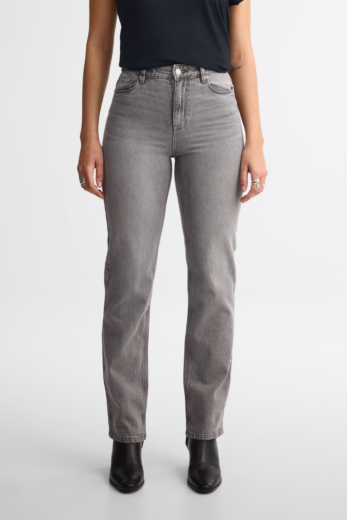 Jeans taille haute coupe droite - Femme && DENIM GRIS