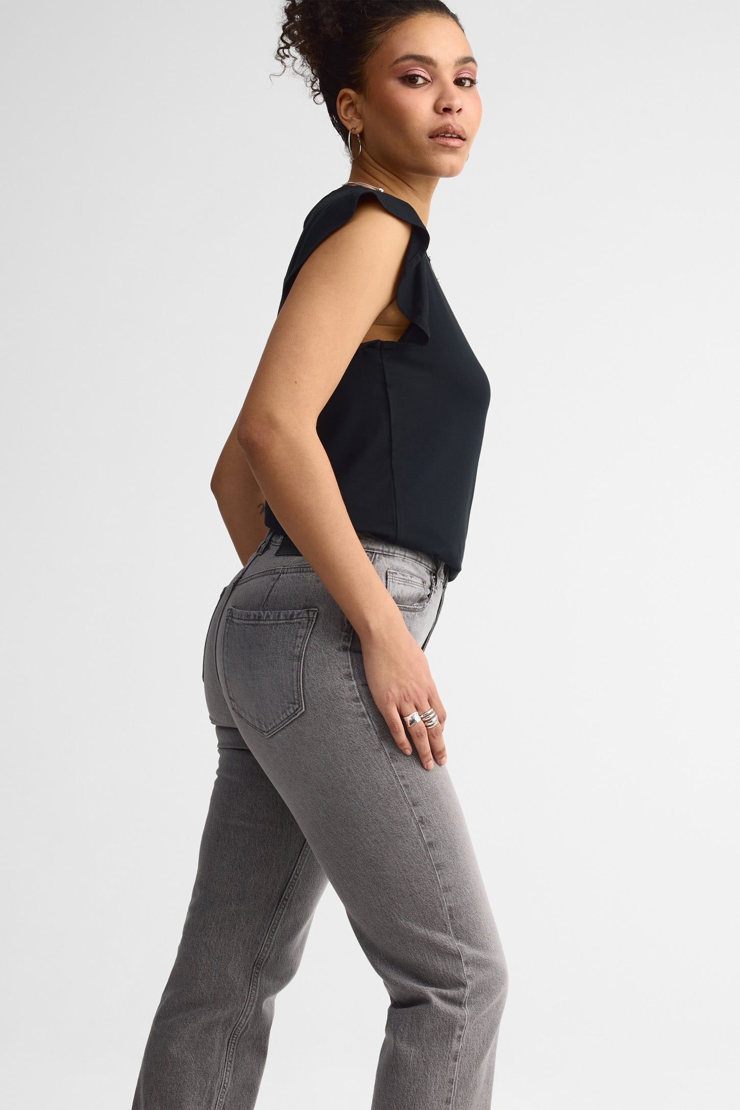 Jeans taille haute coupe droite - Femme && DENIM GRIS