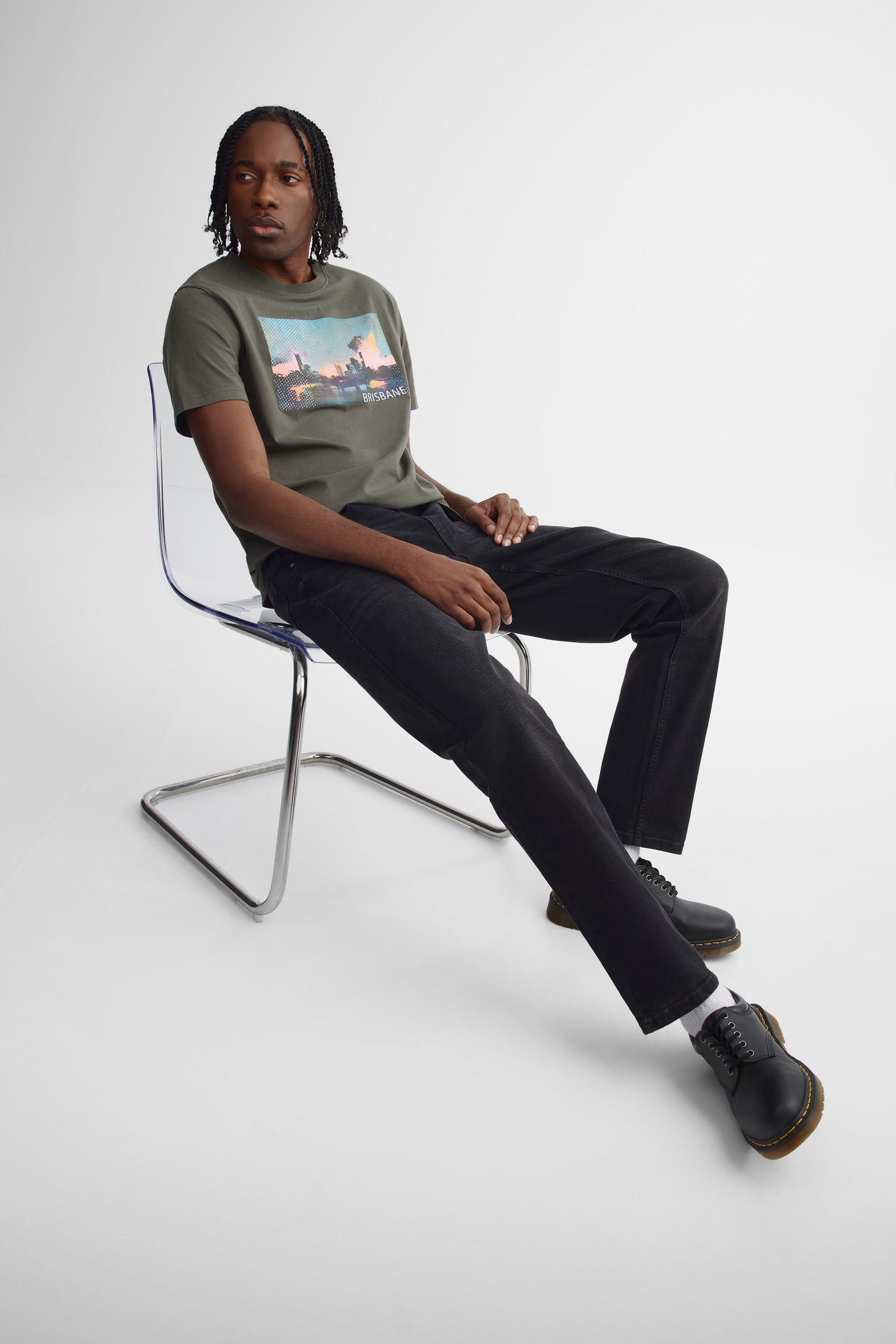 T-shirt col rond en coton - Homme && BRUN