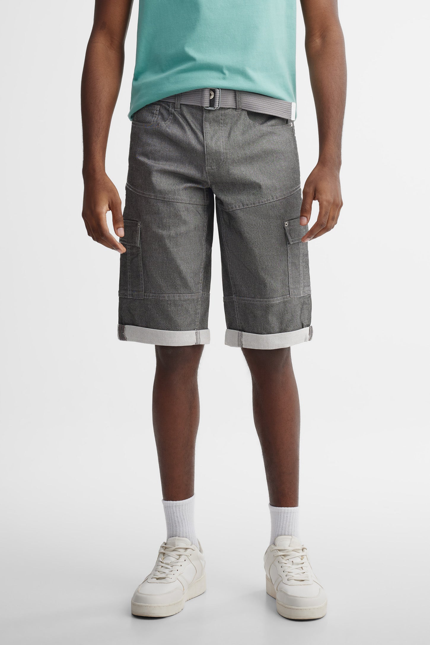 Bermuda cargo en jeans coupe régulière 16'' - Homme && GRIS