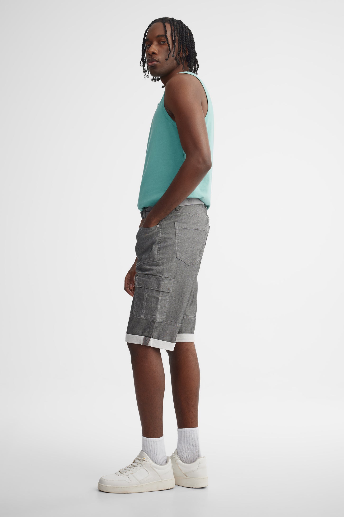 Bermuda cargo en jeans coupe régulière 16'' - Homme && GRIS