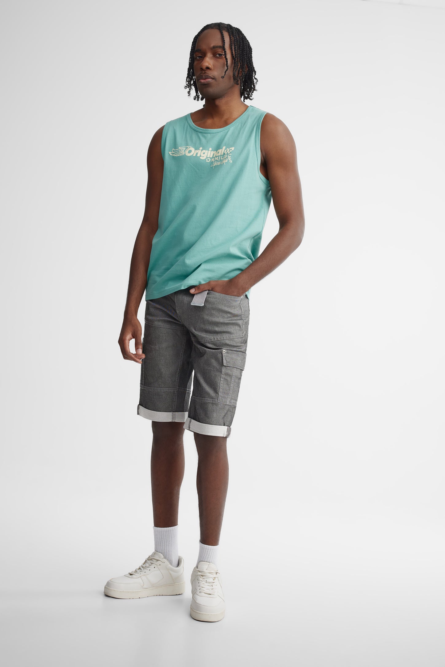 Bermuda cargo en jeans coupe régulière 16'' - Homme && GRIS