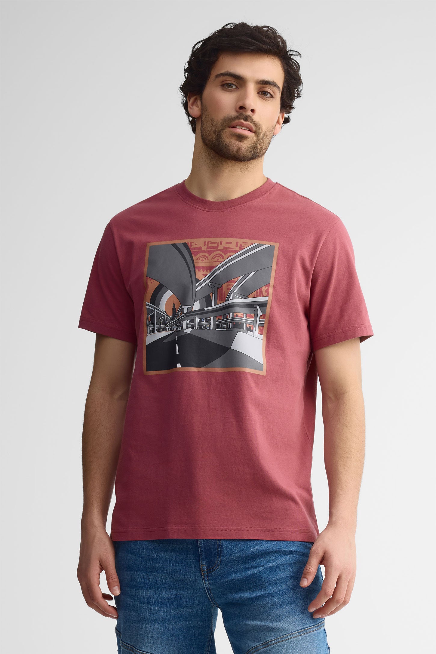 T-shirt col rond en coton - Homme && MAUVE