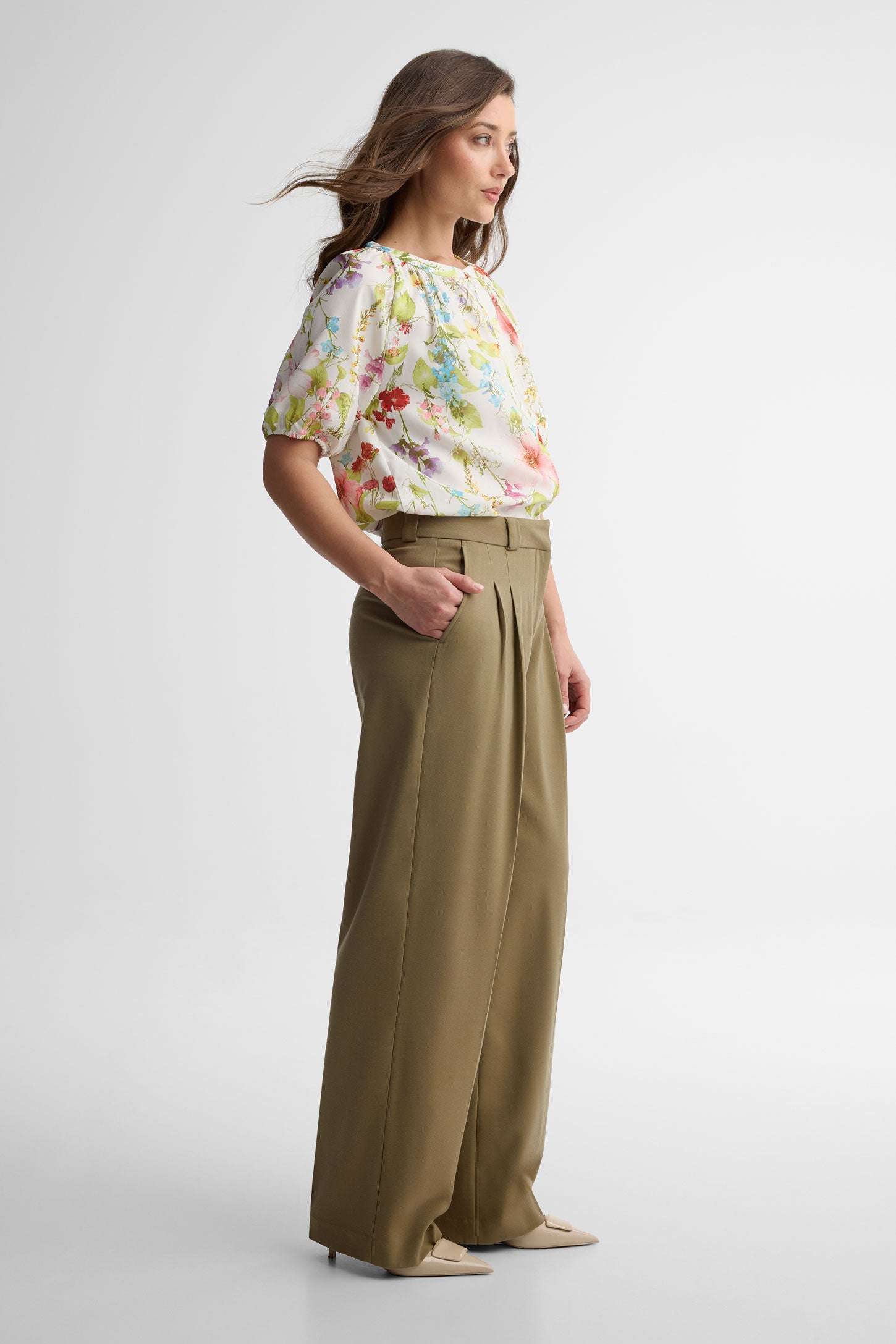 Pantalon taille haute jambe large - Femme && KAKI