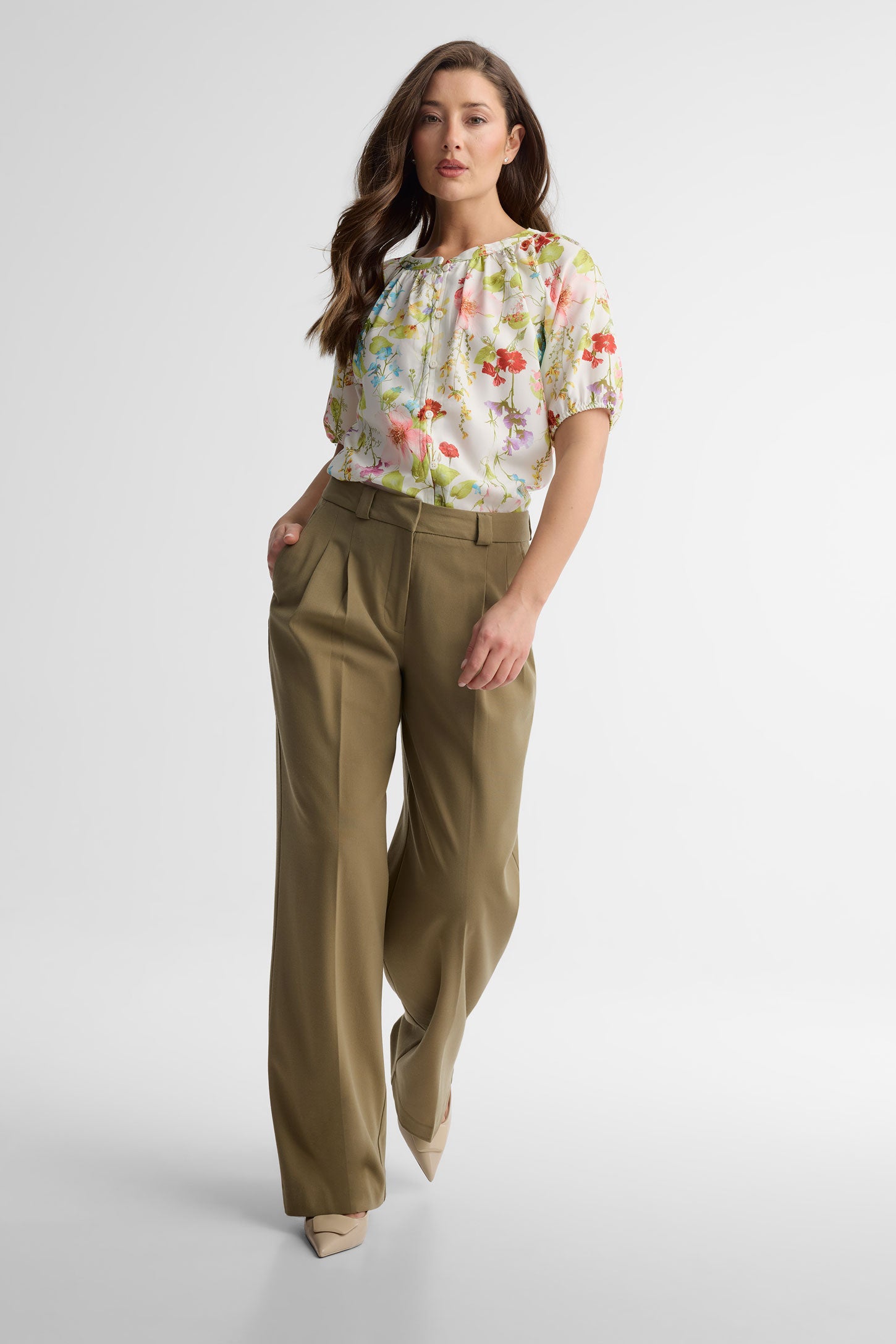 Pantalon taille haute jambe large - Femme && KAKI