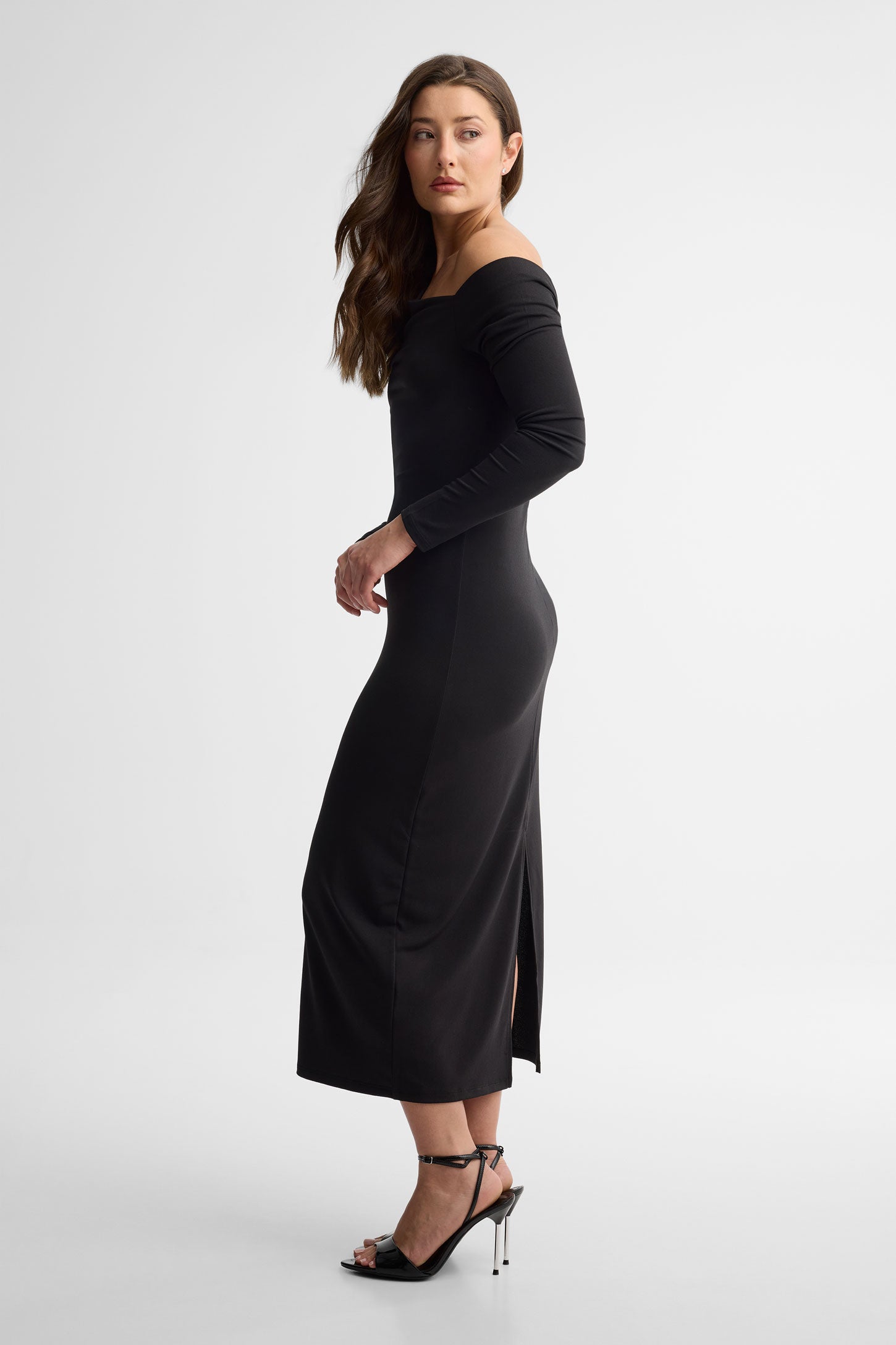 Robe longue encolure asymétrique - Femme && NOIR