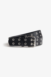 Ceinture lisse perforée avec détails argentés - Femme && NOIR