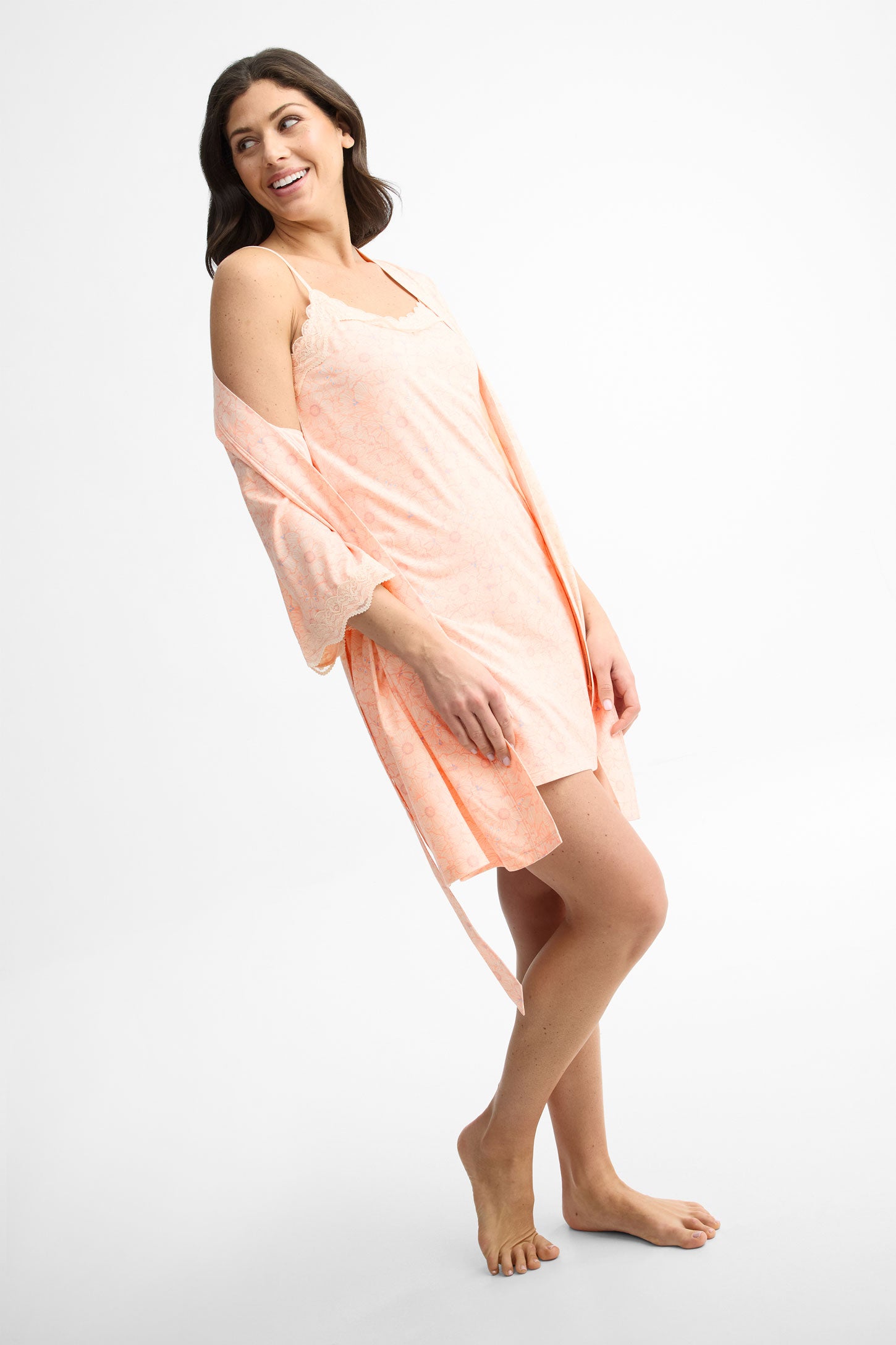 Nuisette pyjama col V dentelle imprimé - Femme && ROSE MULTI