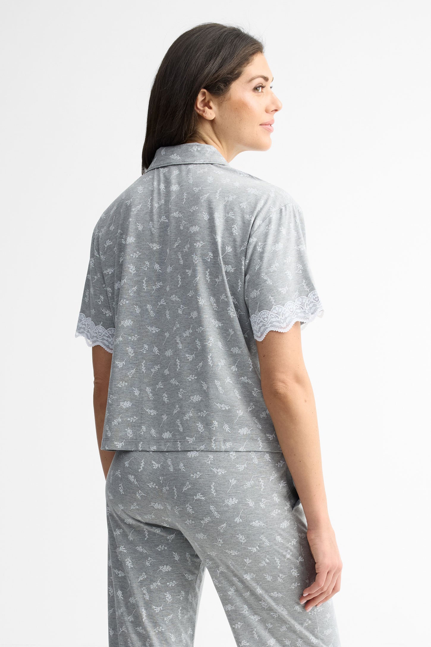 Chemise pyjama manches courtes en dentelle - Femme && GRIS MIXTE