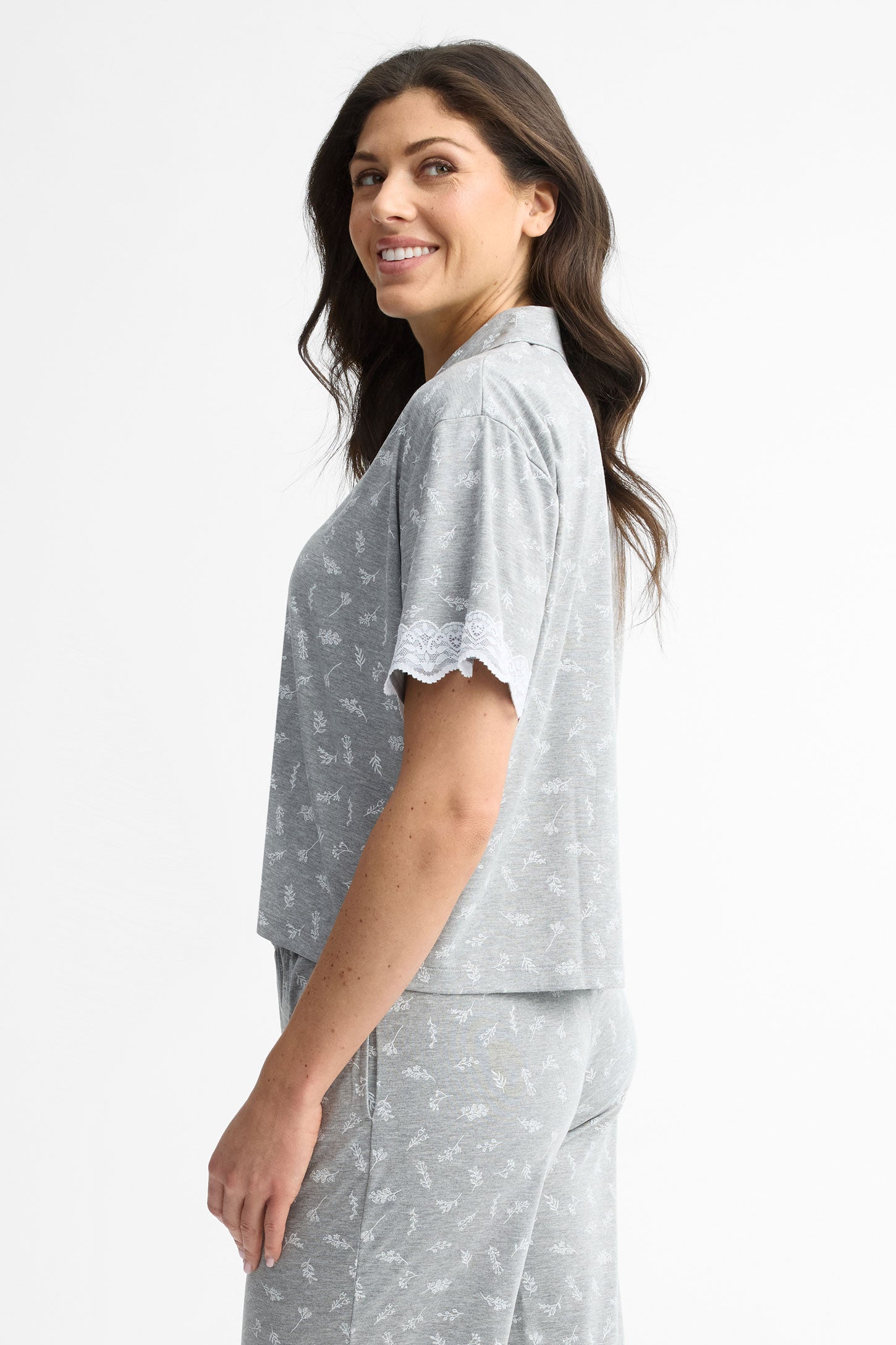 Chemise pyjama manches courtes en dentelle - Femme && GRIS MIXTE