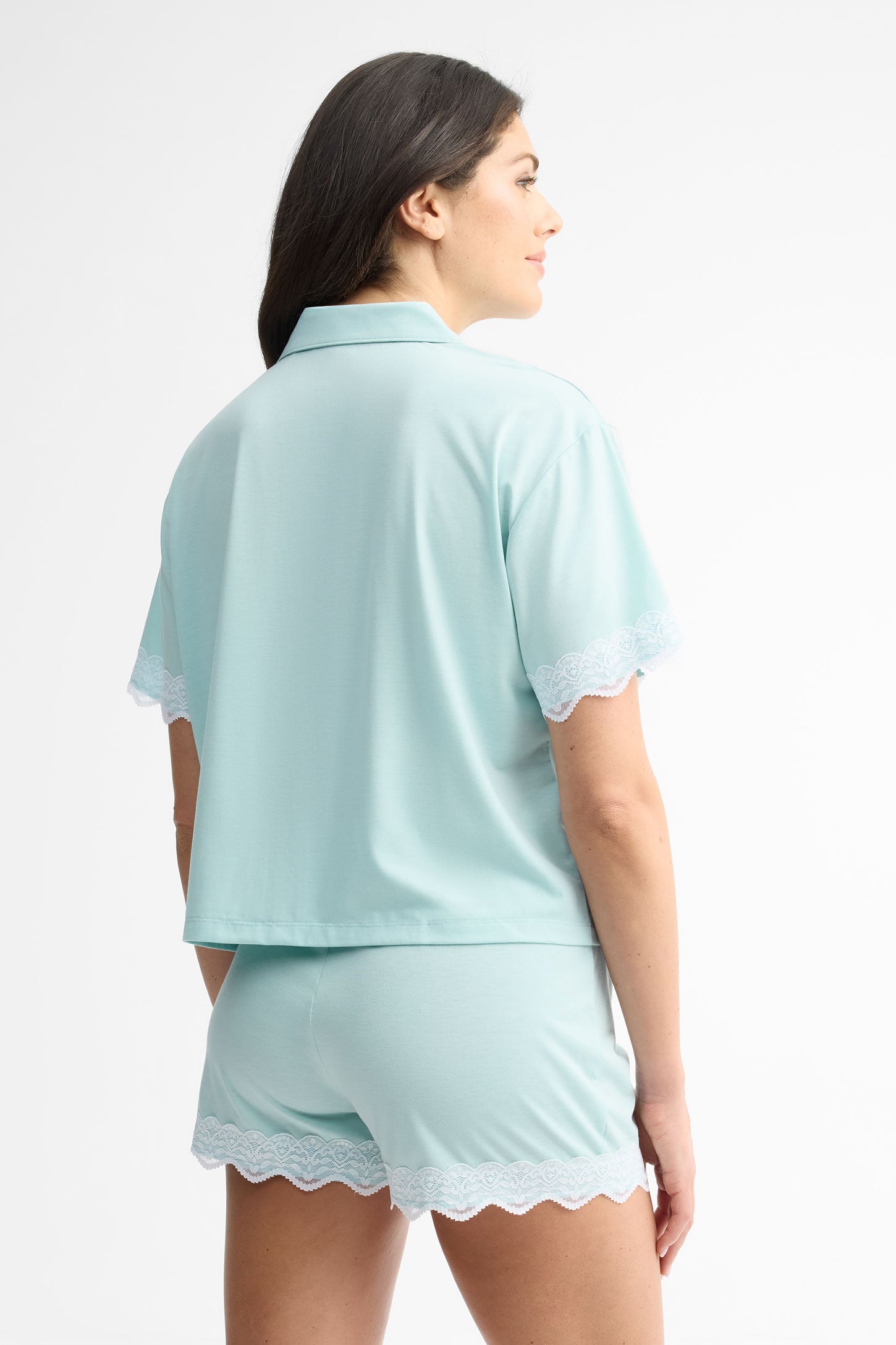 Chemise pyjama manches courtes en dentelle - Femme && BLEU