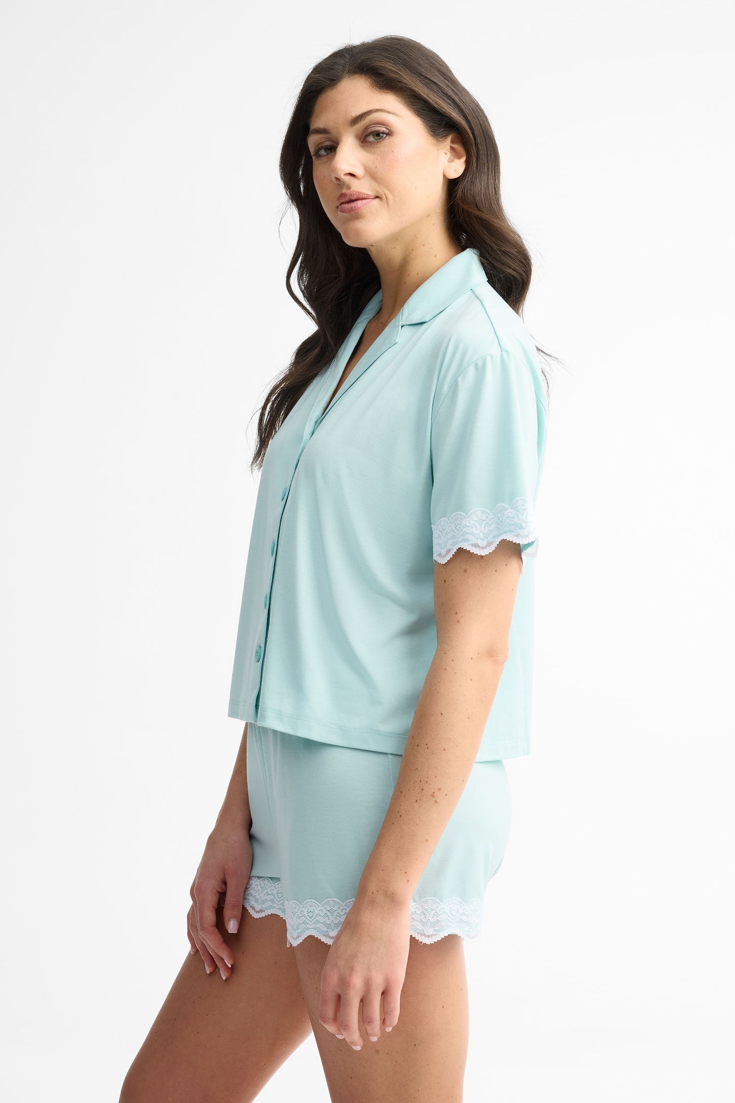 Chemise pyjama manches courtes en dentelle - Femme && BLEU