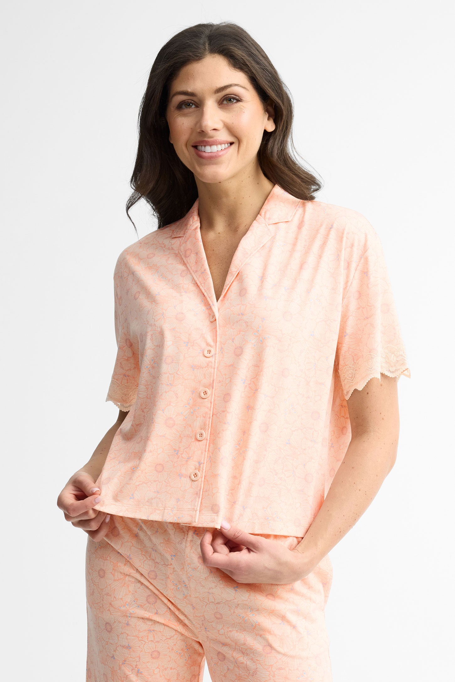 Chemise pyjama manches courtes en dentelle - Femme && ROSE MULTI