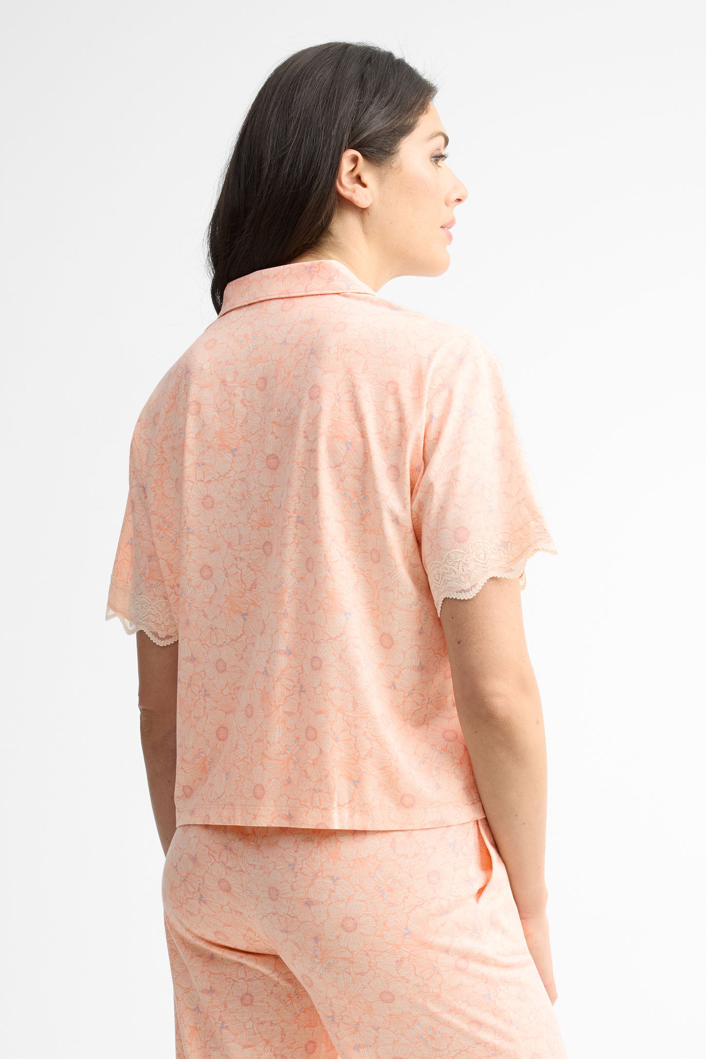 Chemise pyjama manches courtes en dentelle - Femme && ROSE MULTI