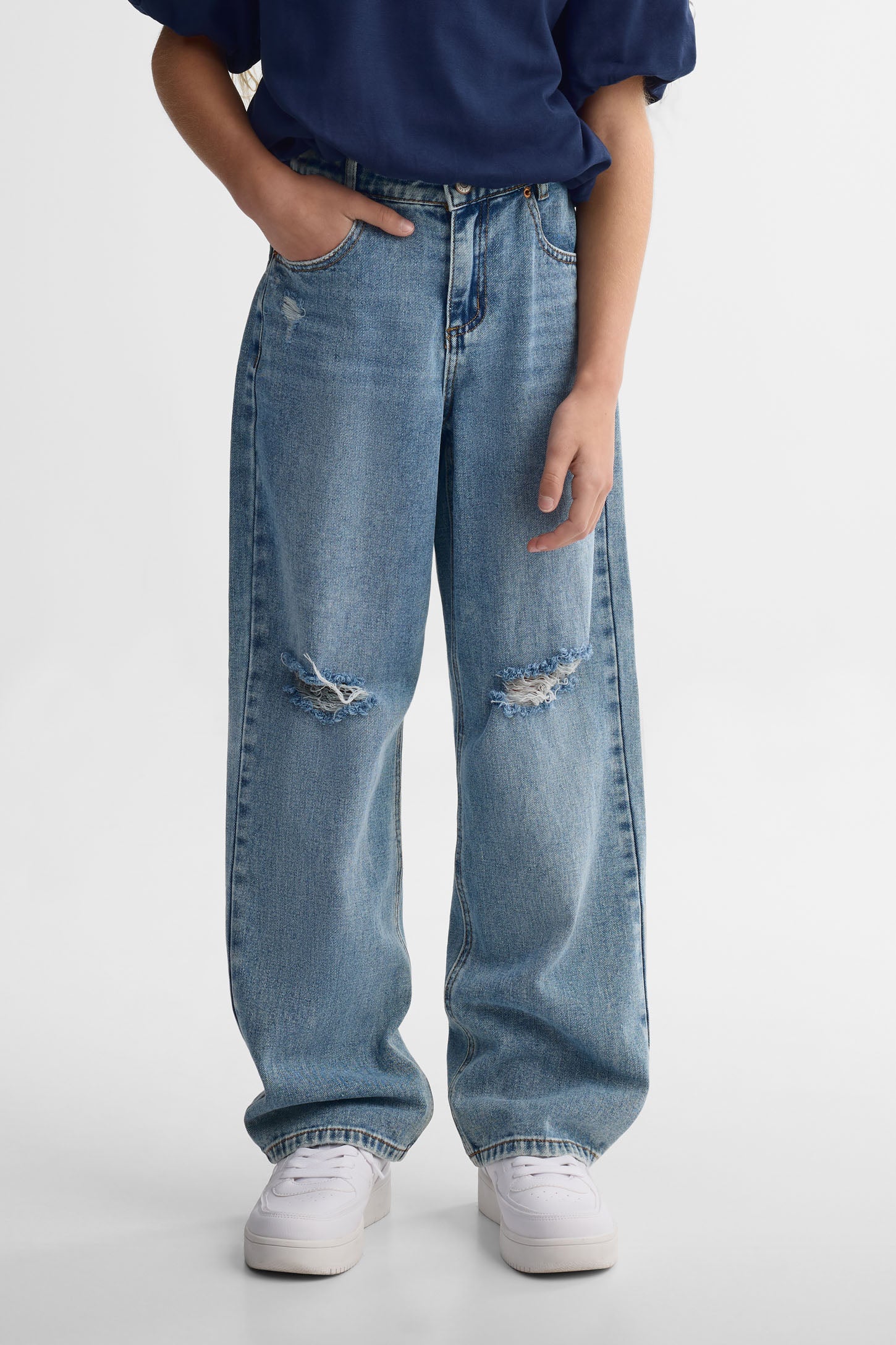 Jeans droit déchiré 90's - Ado fille && BLEU
