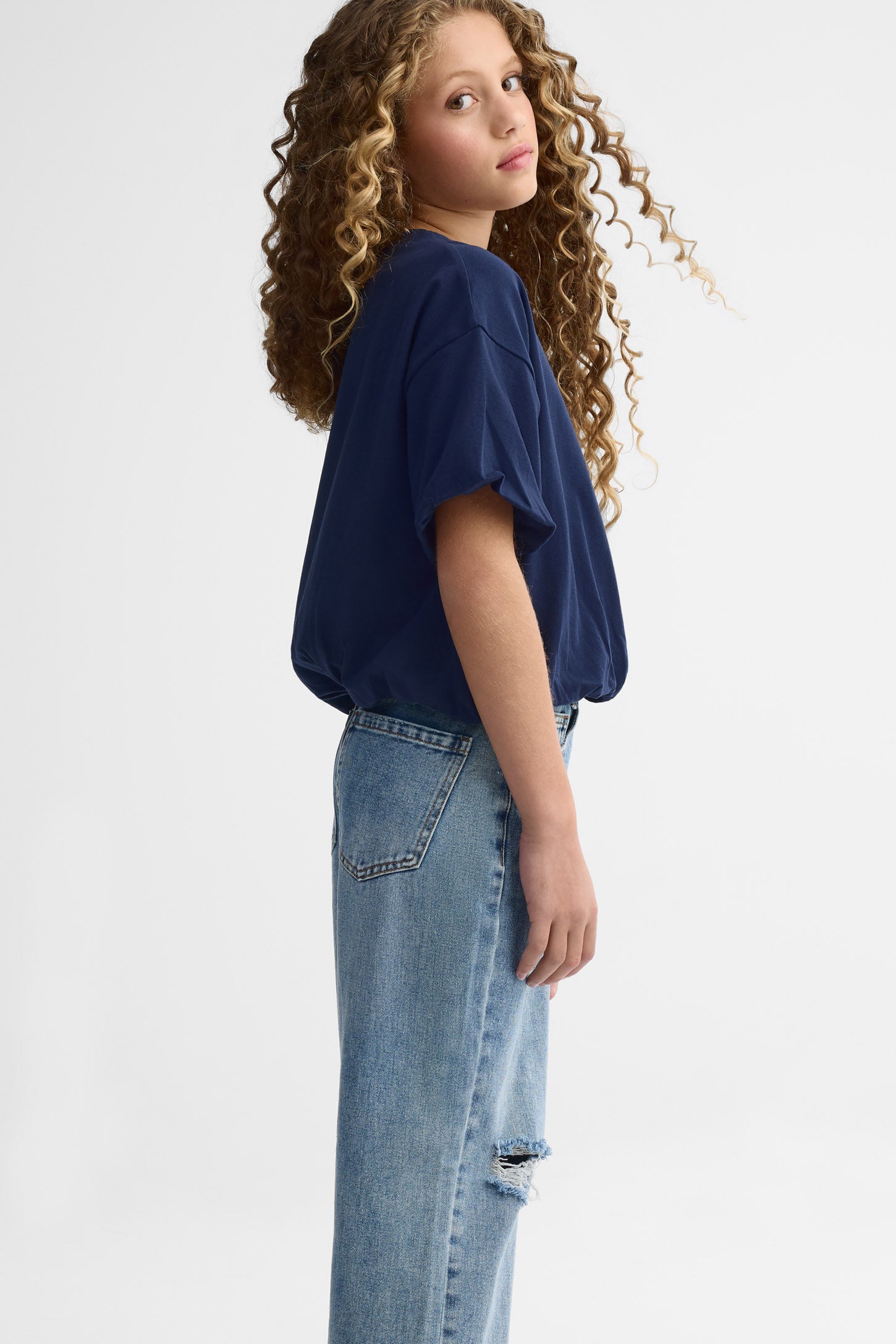 Jeans droit déchiré 90's - Ado fille && BLEU