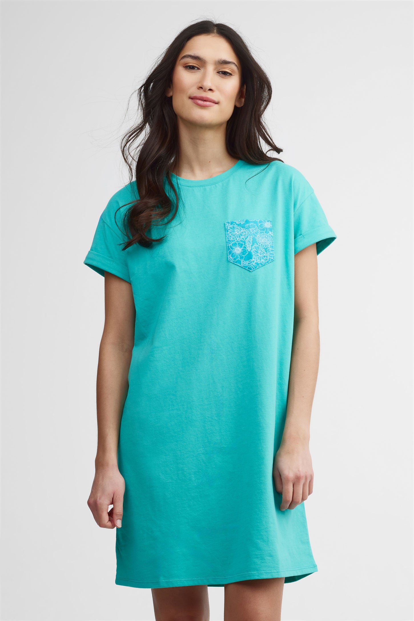 Robe t-shirt col rond coton - Femme && TURQUOISE