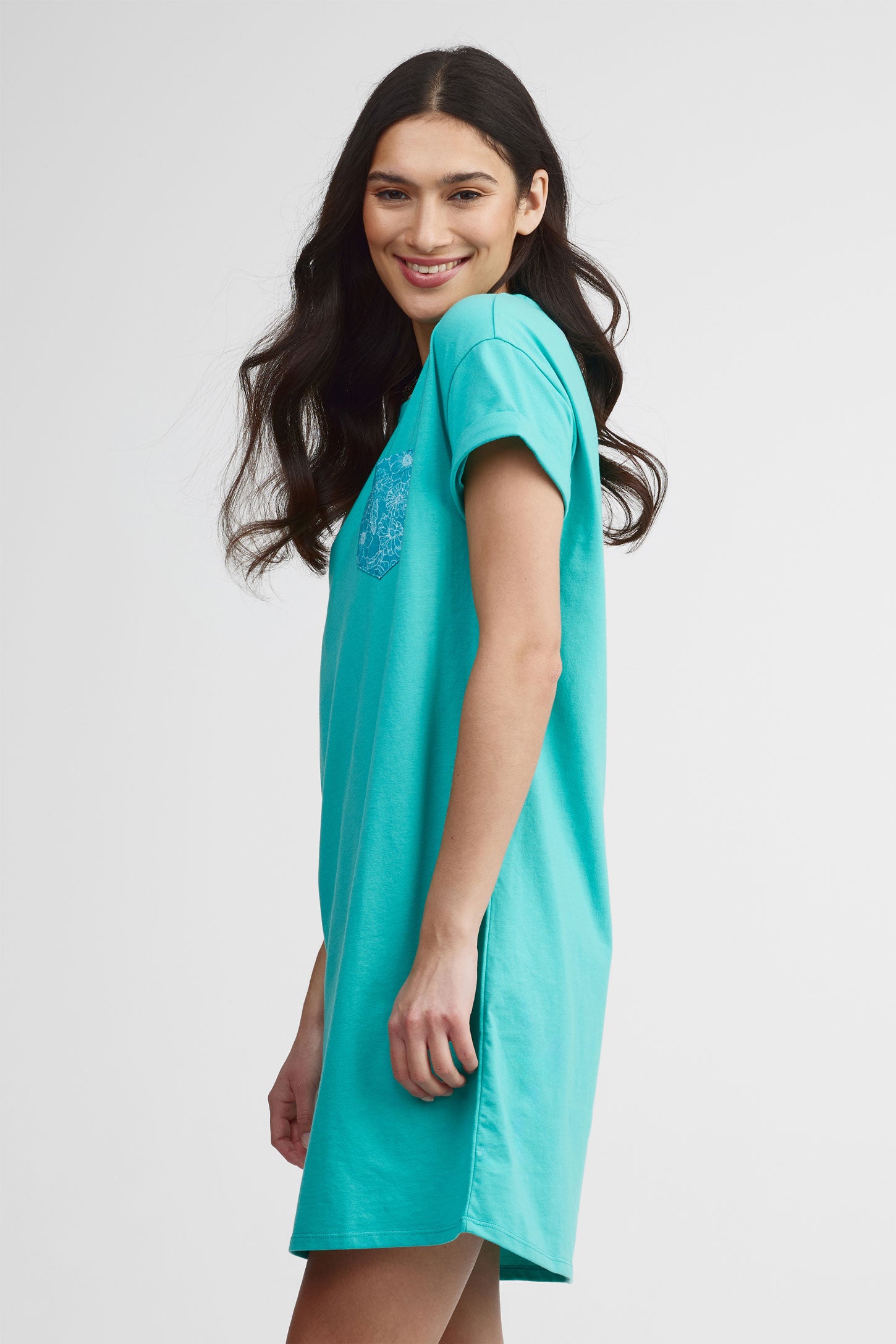 Robe t-shirt col rond coton - Femme && TURQUOISE