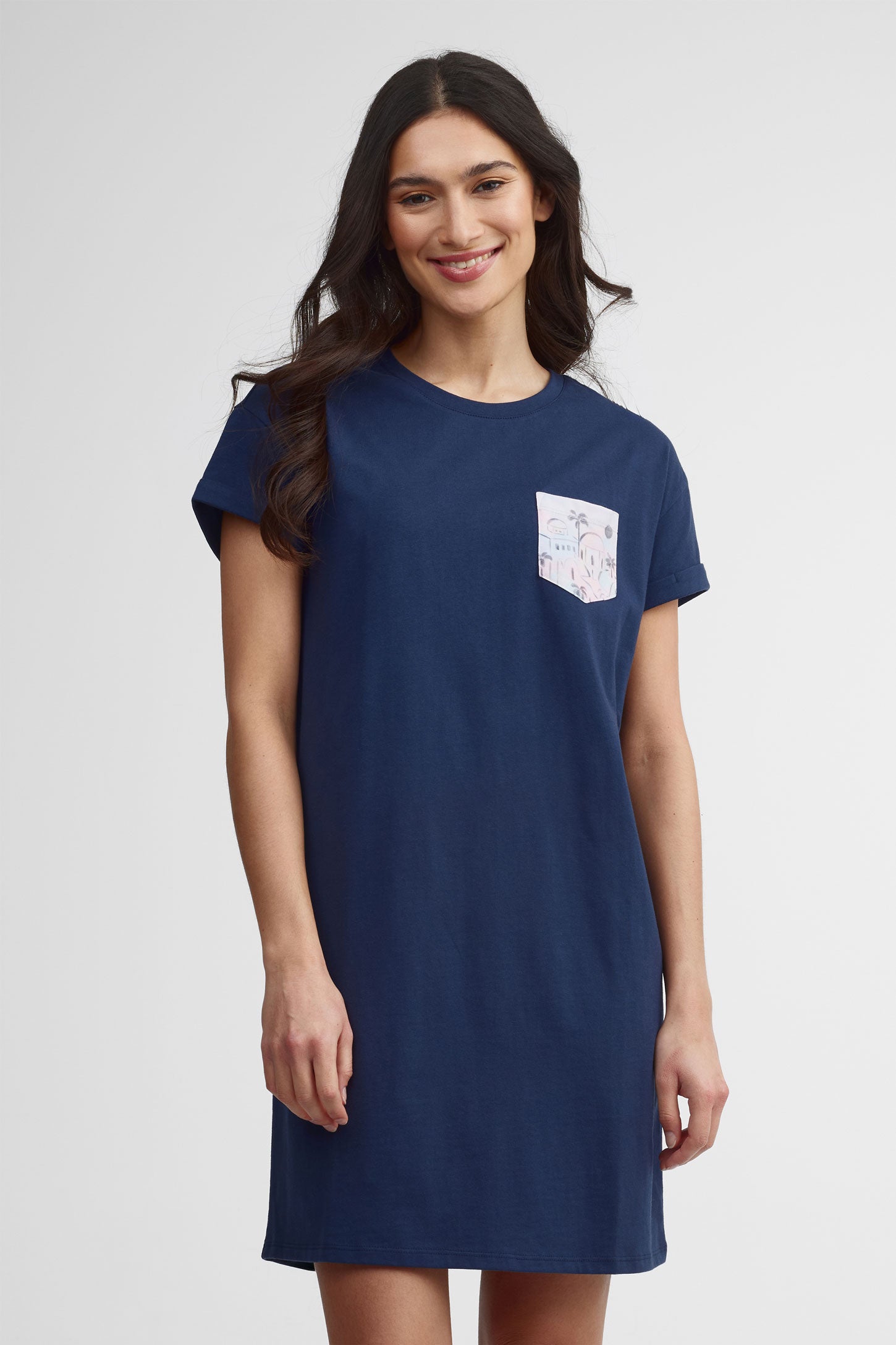 Robe t-shirt col rond coton - Femme && BLEU MARINE