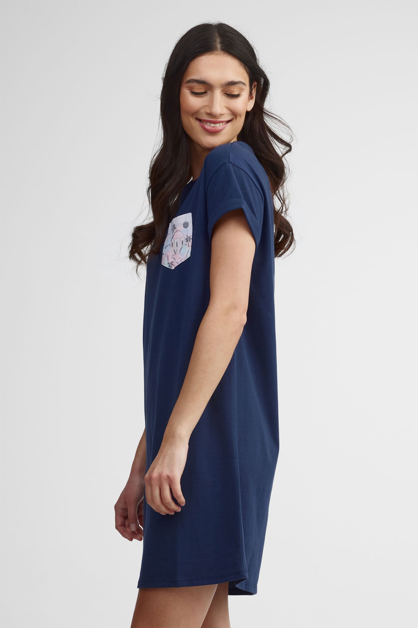 Robe t-shirt col rond coton - Femme && BLEU MARINE