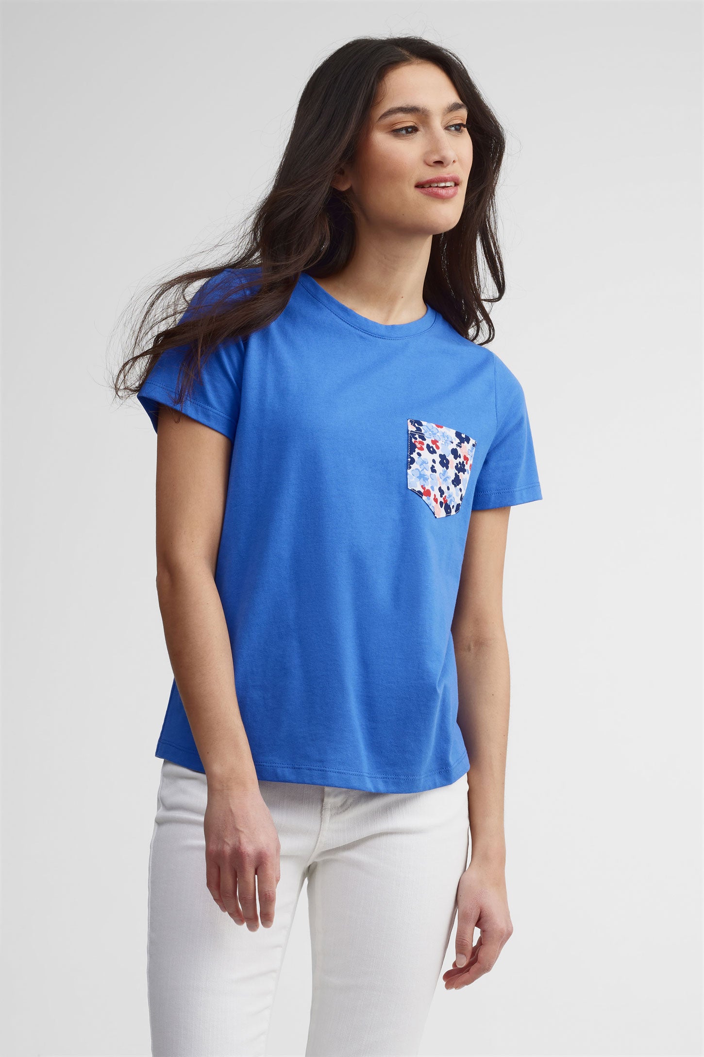 T-shirt à poche coton, 2/30$ - Femme && BLEU